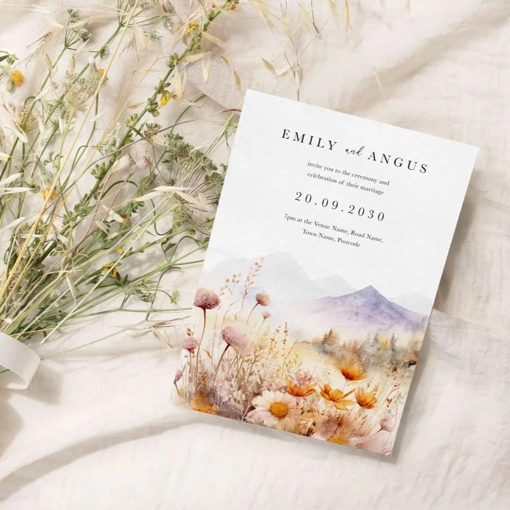 Wedding invitation featuring a watercolour style illustration of mountains in the background and flowers in the foreground.
