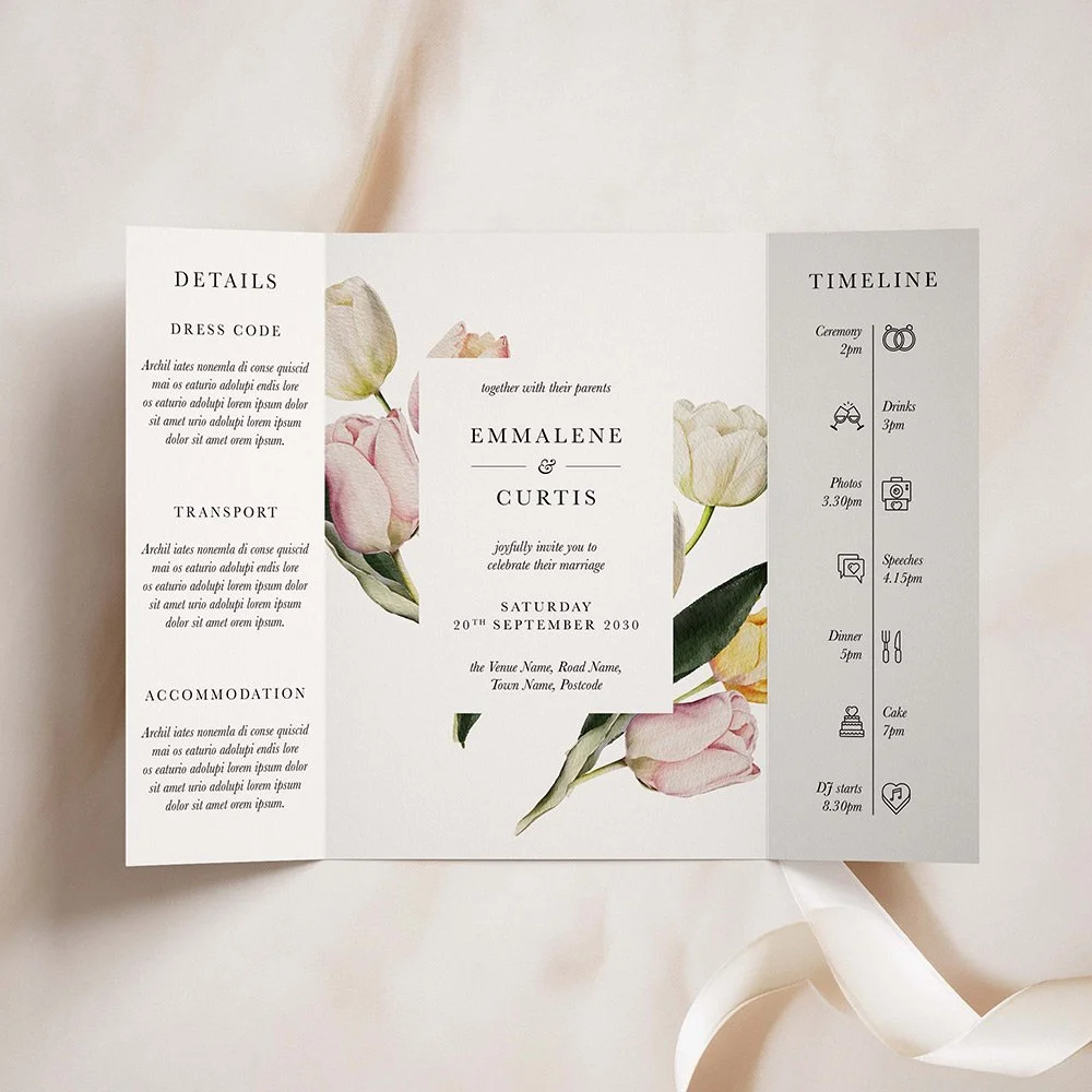 Pink, Yellow and White Tulip Gatefold Wedding Invites