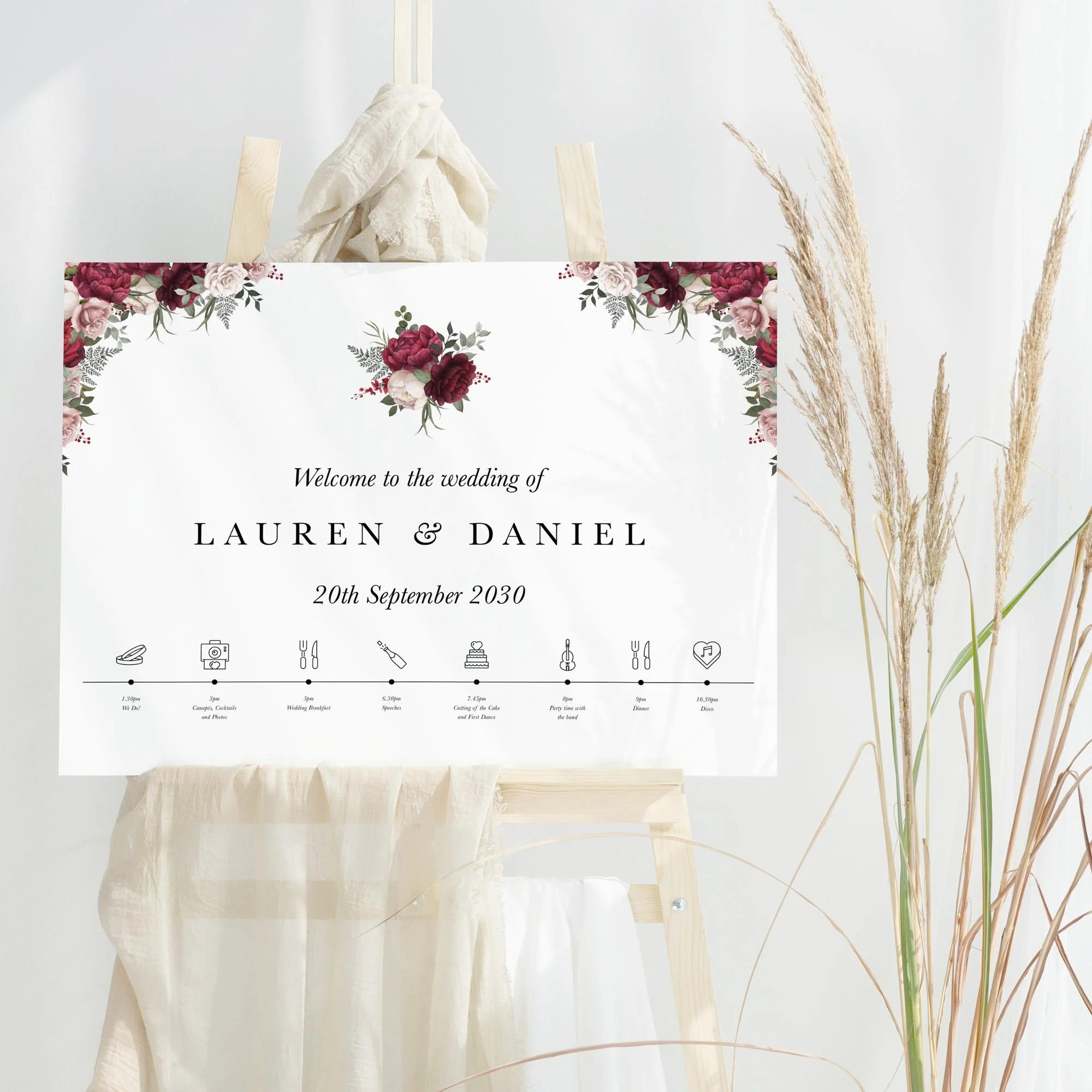 Burgundy and Pink Floral wedding welcome sign design