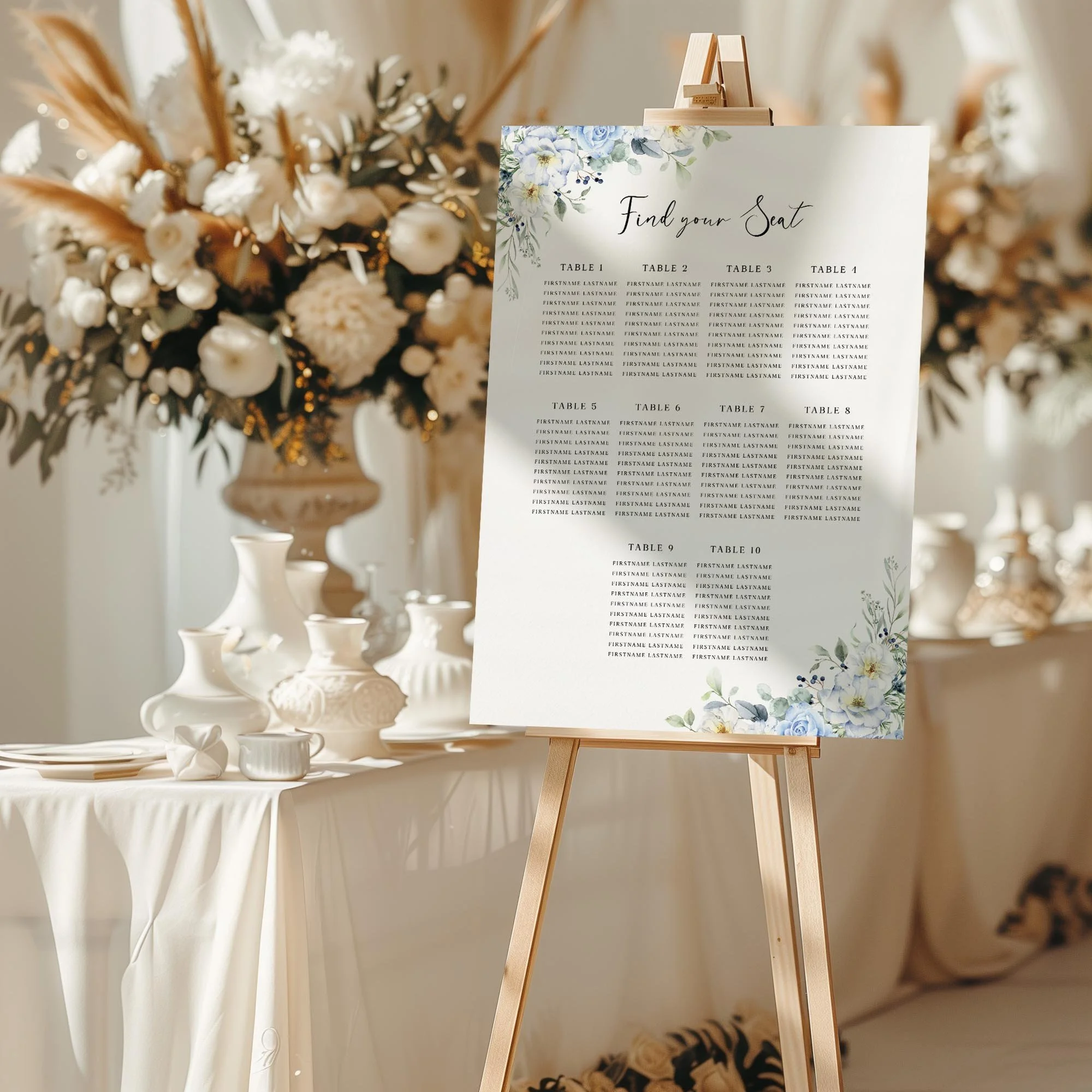 Blue Floral wedding seating chart sign styled at a reception