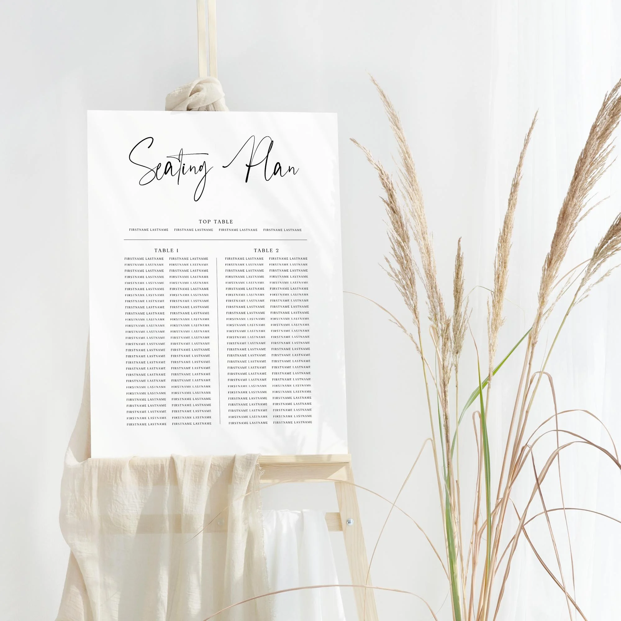 Black and White Signature Style Calligraphy wedding table plan board seating chart sign with trestle tables
