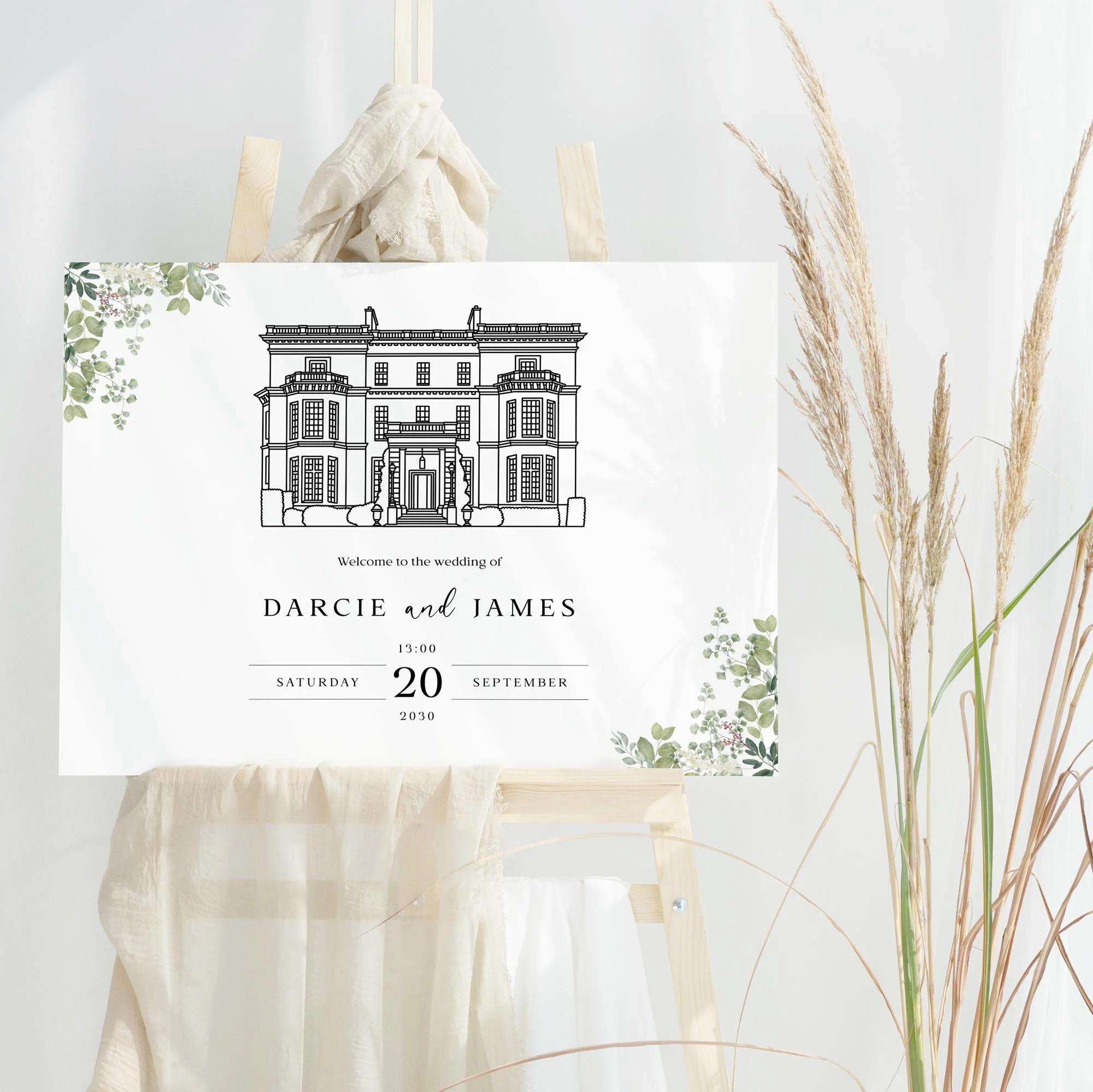 Custom Venue Illustration with Greenery wedding welcome sign design