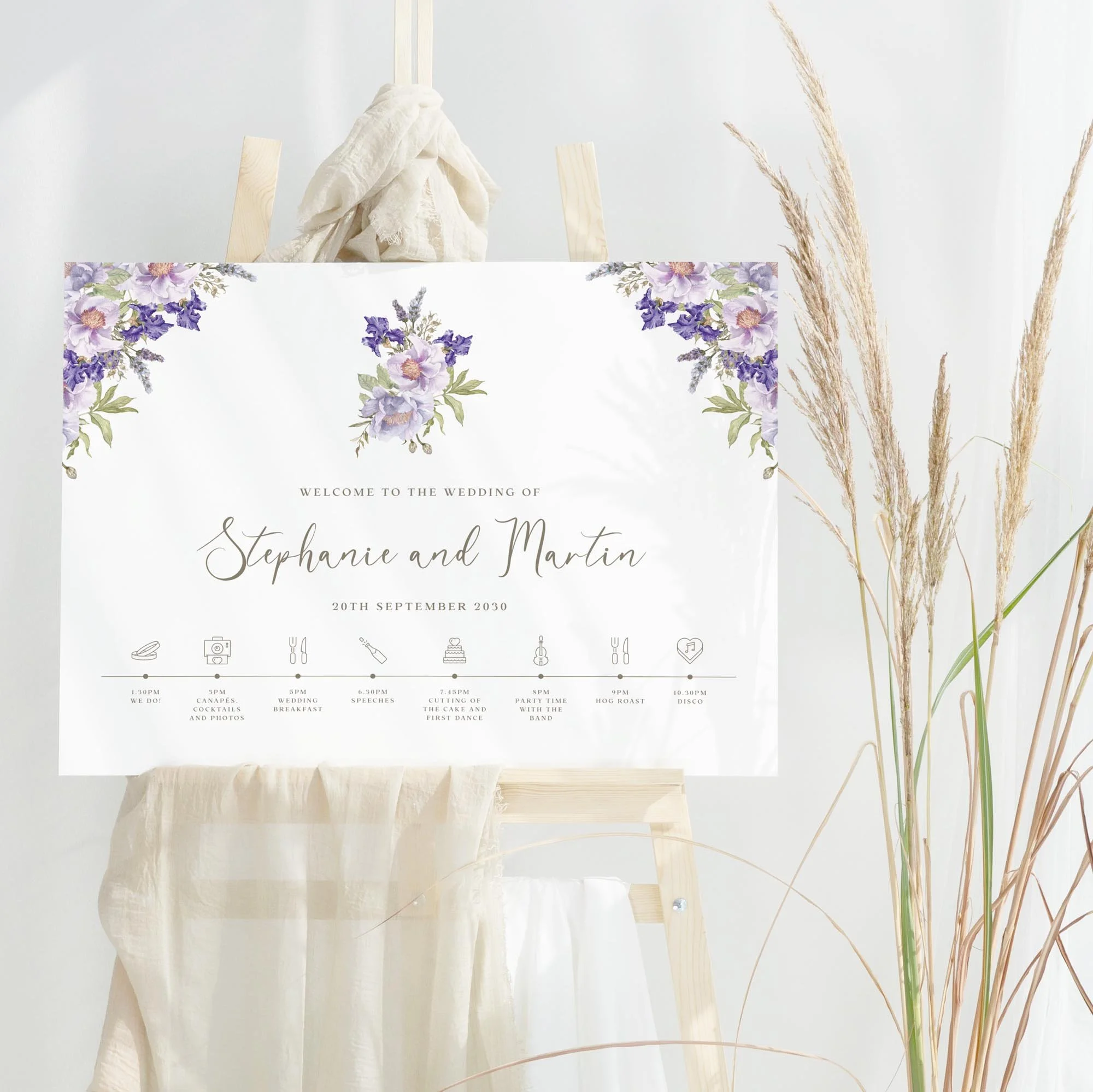 Purple Floral Lilac wedding welcome sign design
