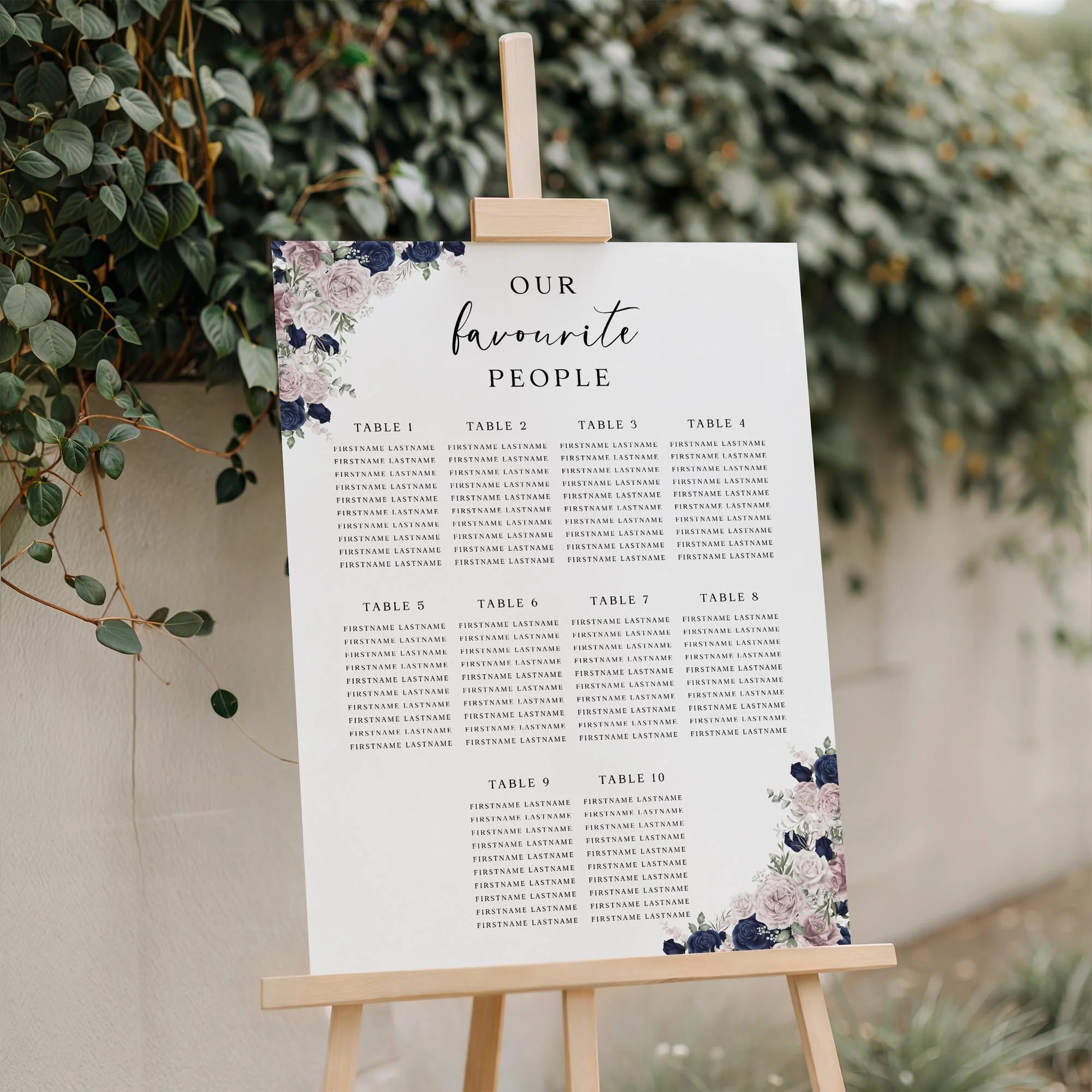 Close-up of the Navy Blue and Blush Pink Floral wedding seating plan board displayed outdoors