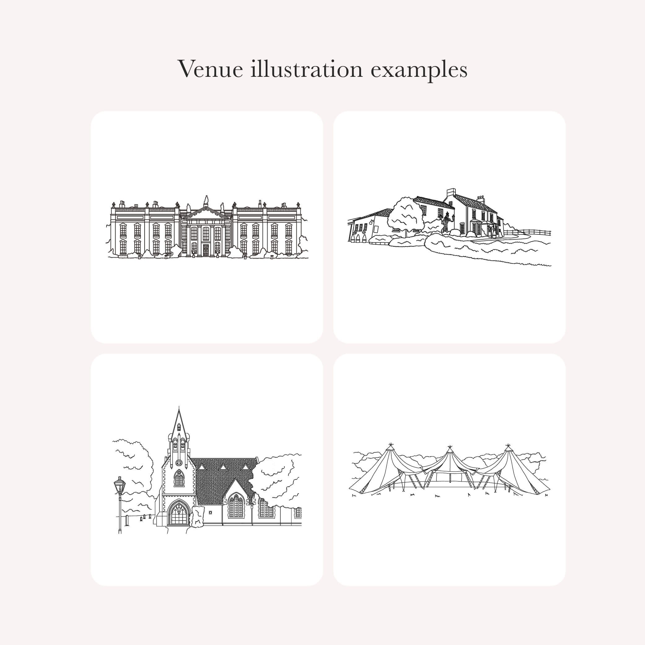 Examples of bespoke venue illustrations in our signature black and white line art style