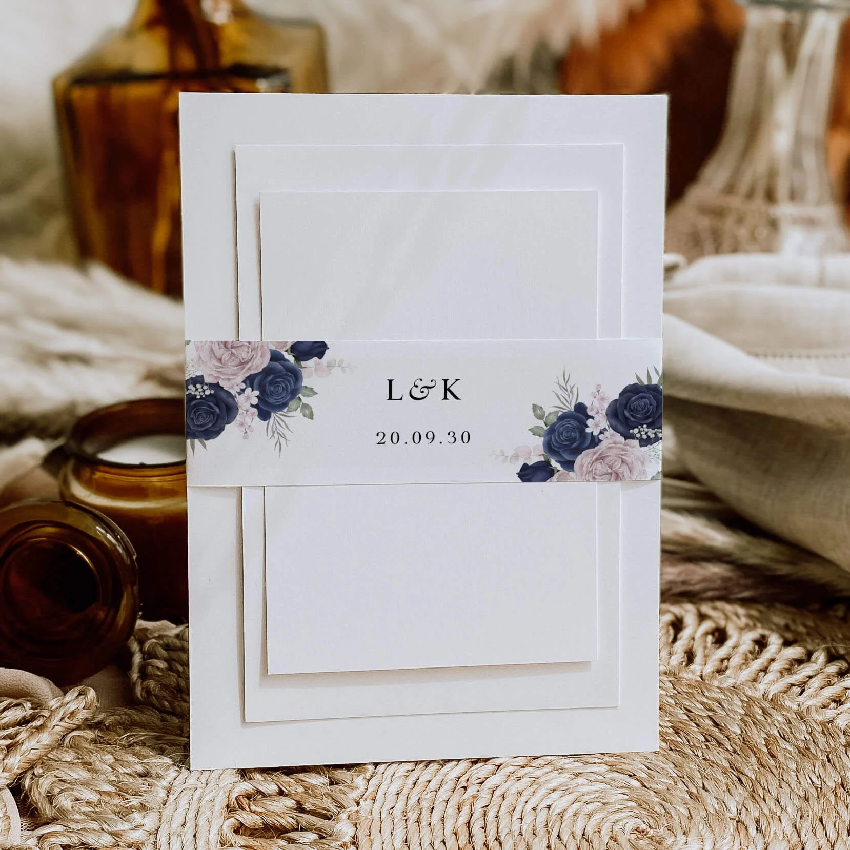 Navy and blush wedding belly band with romantic floral rose illustrations and elegant personalised typography