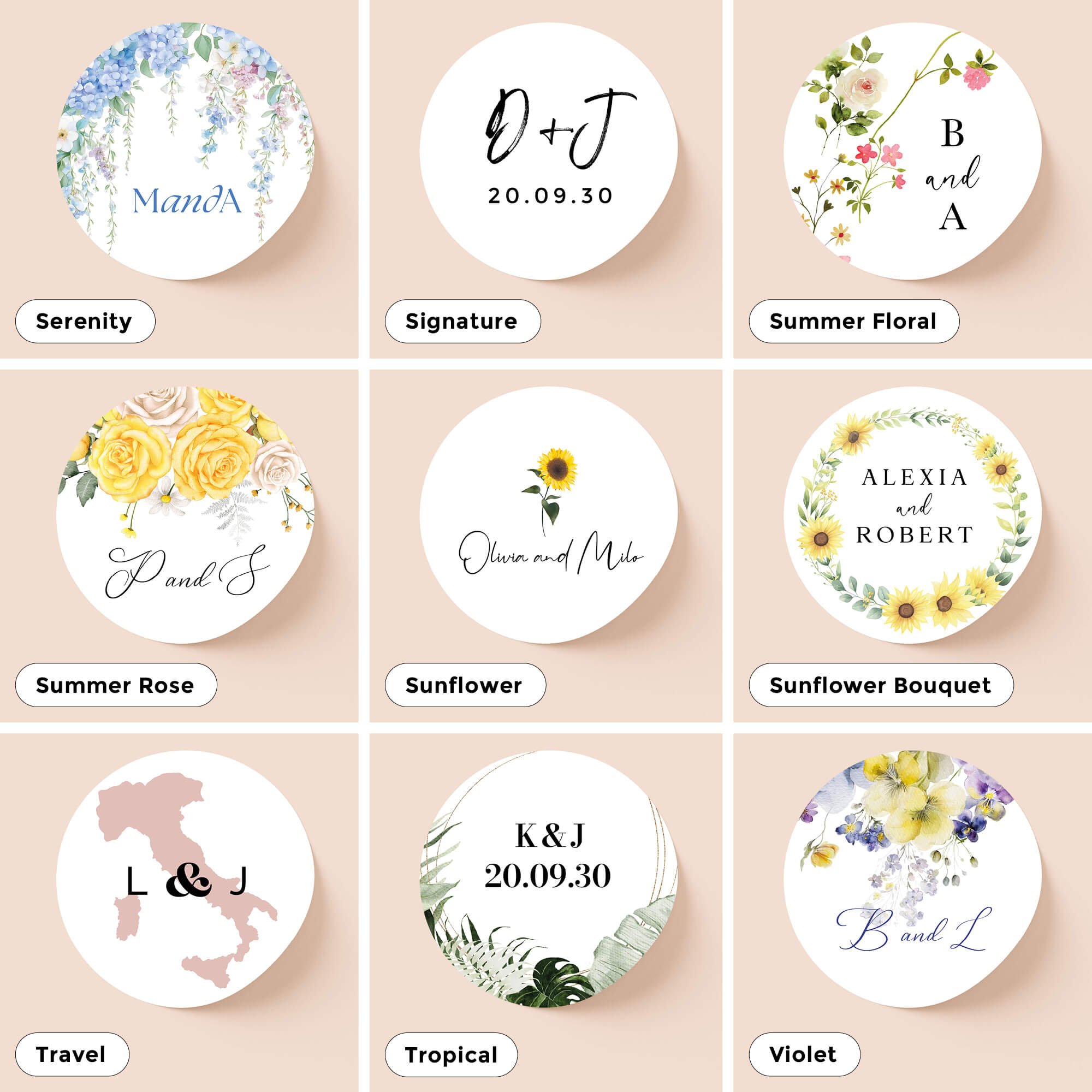 Personalised wedding sticker designs for invitations, envelopes and favour labels – multiple styles available.