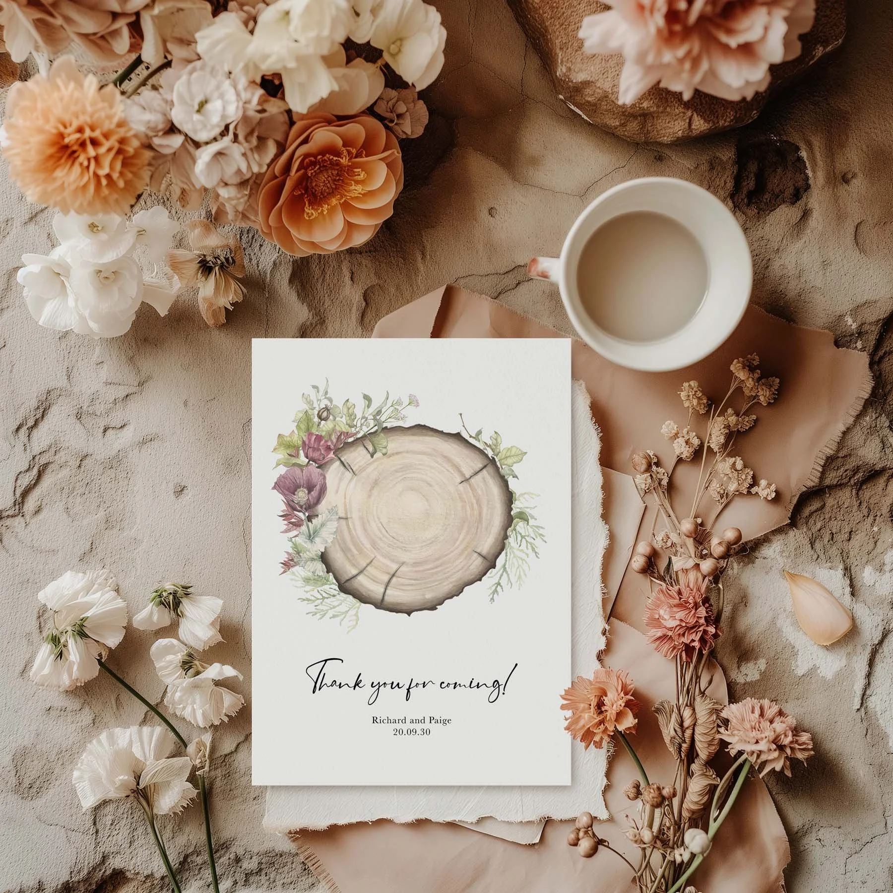 Wood Slice wedding thank you card styled with flowers and stationery details