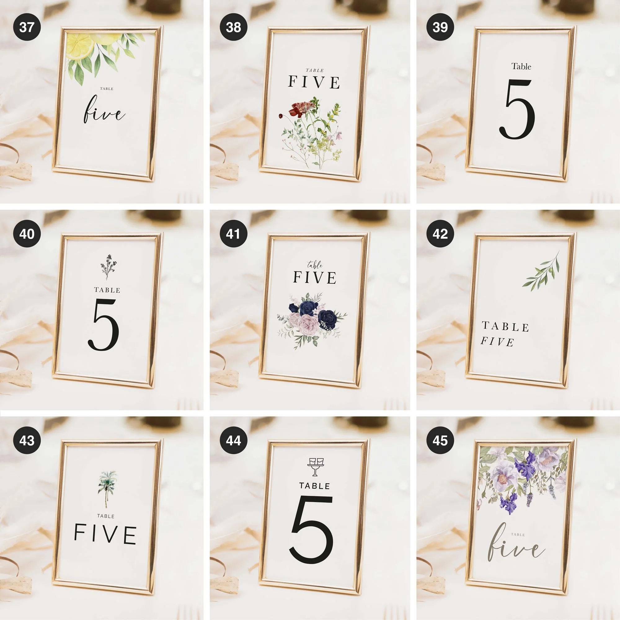Wedding table number and table name card designs in a range of styles to suit different themes, including floral, modern, and minimal options