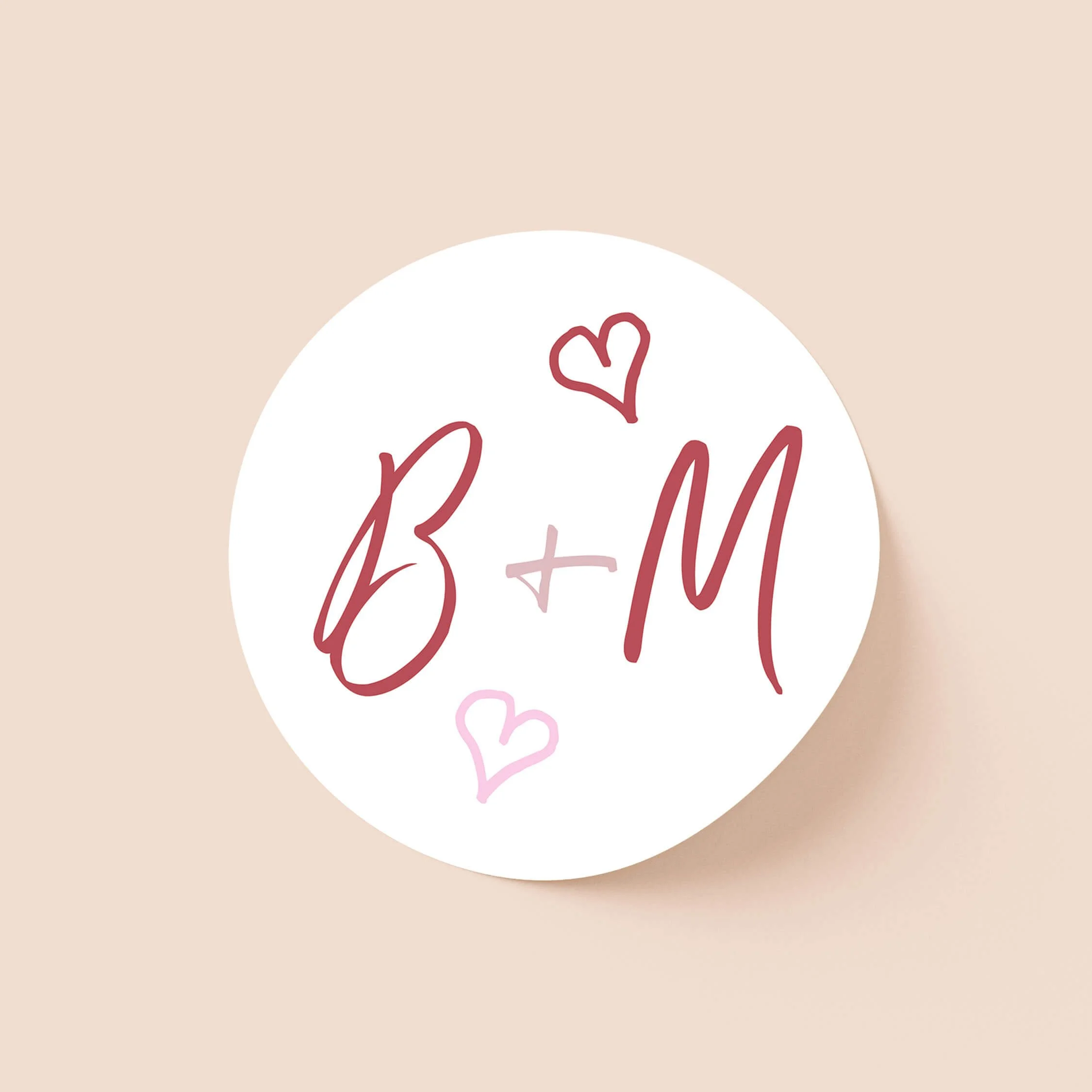 Whimsical Pink personalised wedding sticker with bold pink script initials and hand-drawn blush hearts on round sticker