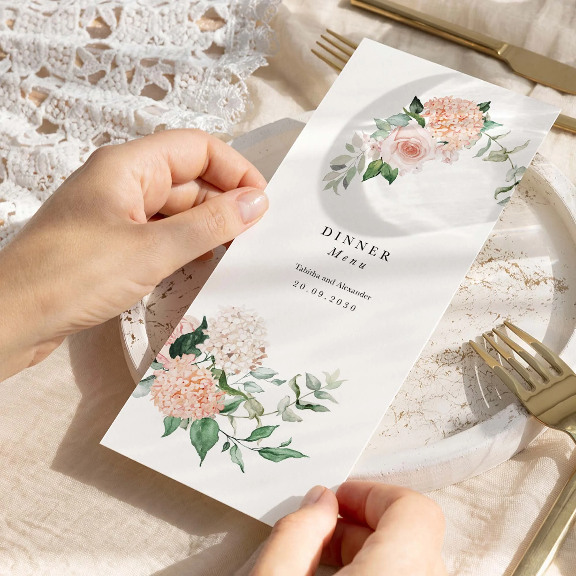 Hand holding Blush Pink Floral wedding menu card showing size and printed design details