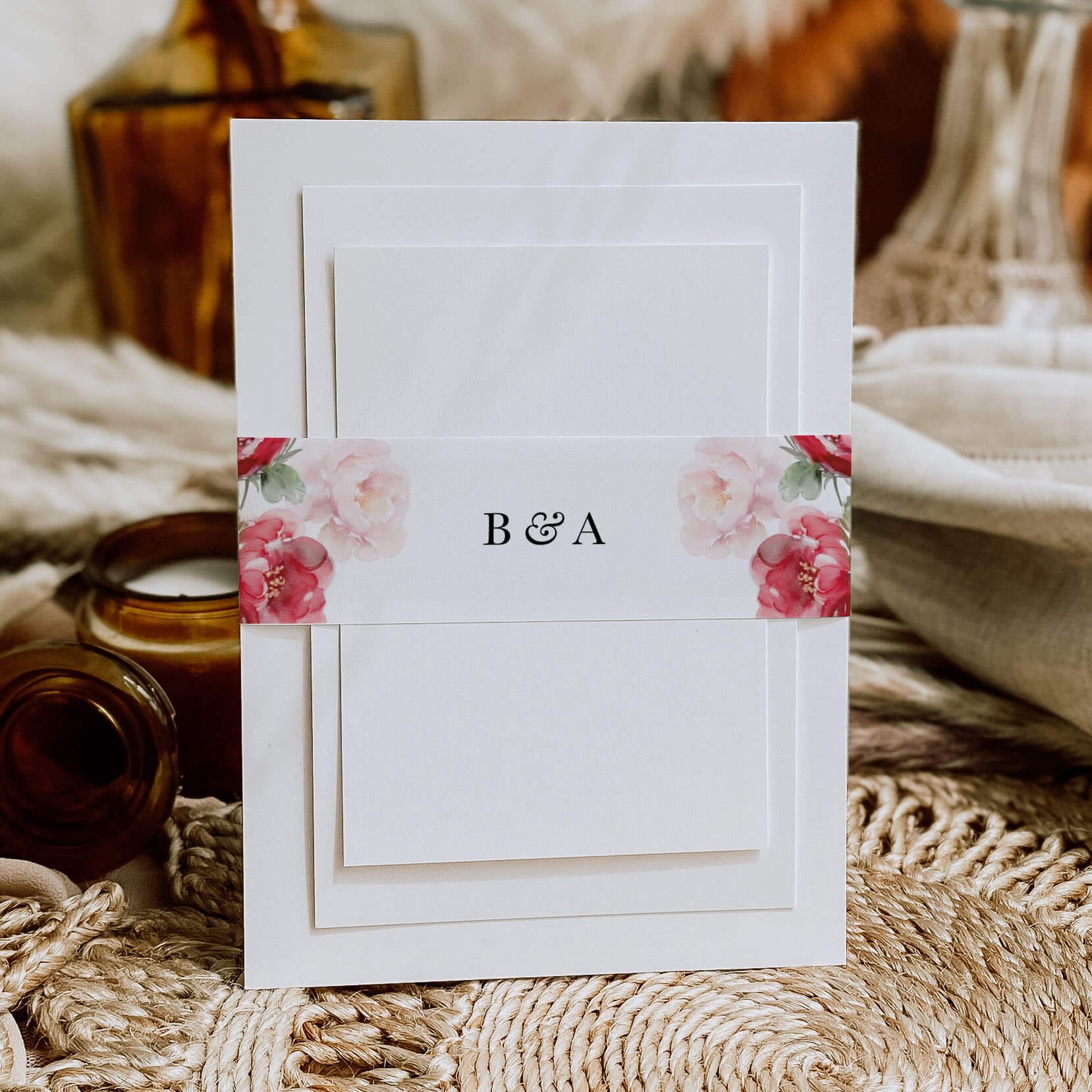 Red Floral wedding belly band with vibrant pink and red botanical illustrations and personalised wedding initials
