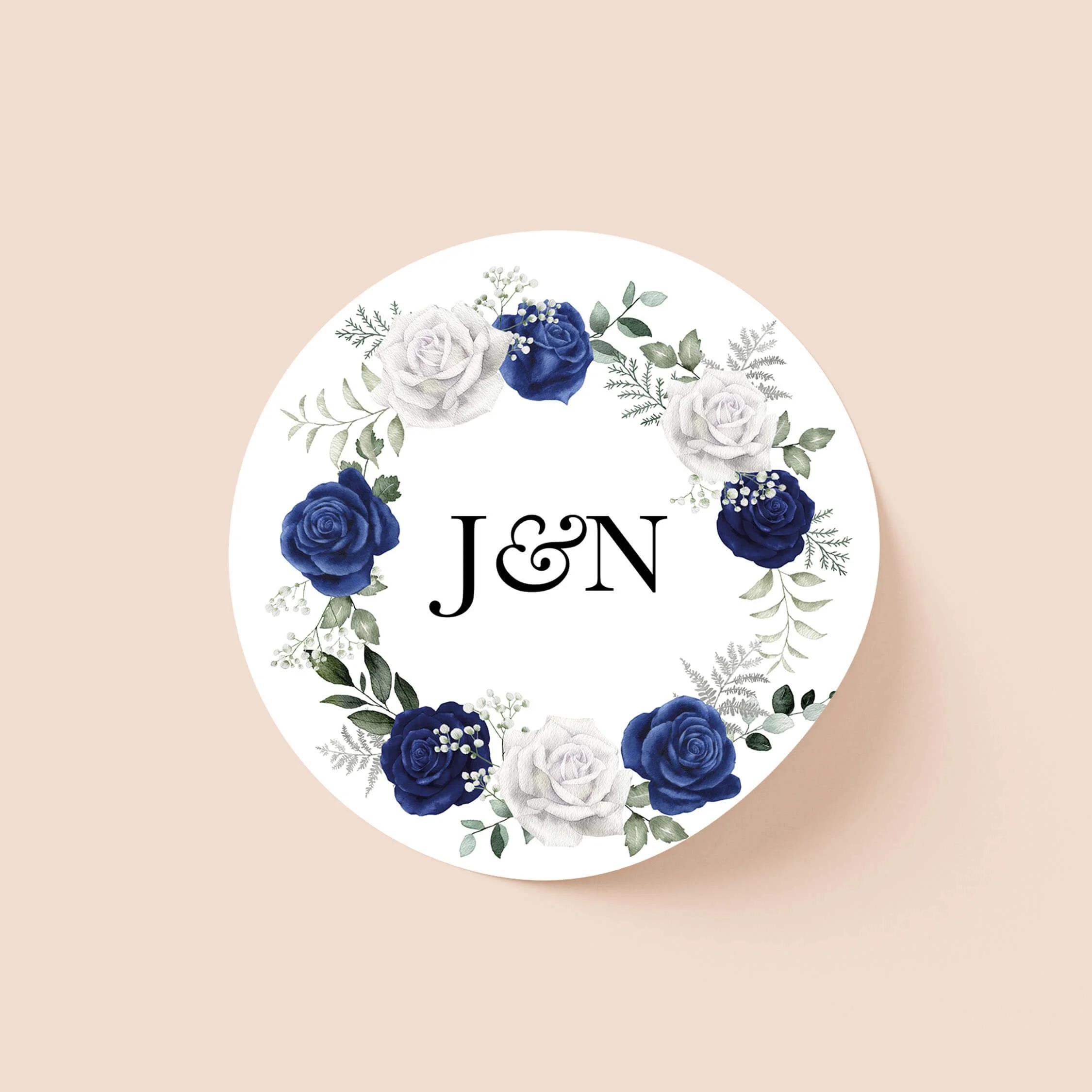 Royal personalised wedding sticker with blue floral botanical illustration and initials on round sticker