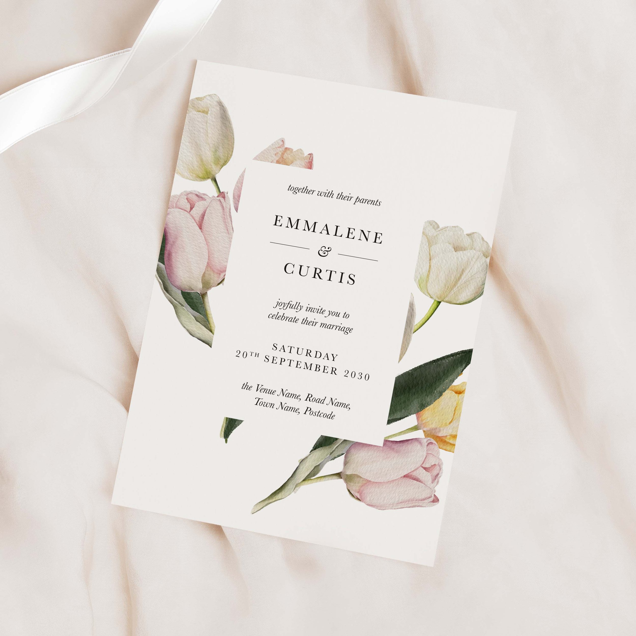 Watercolour tulip themed wedding invitation