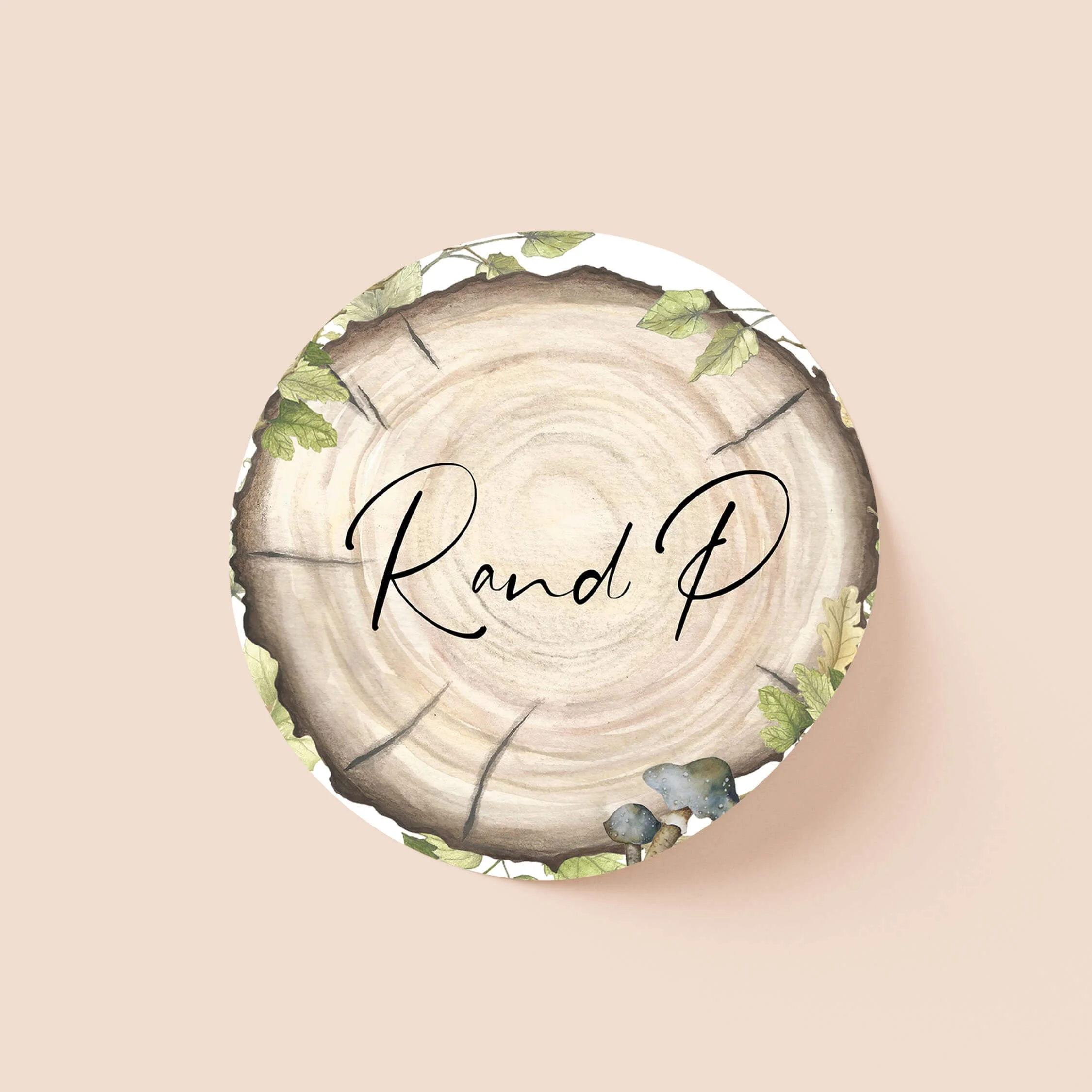 Wood Slice personalised wedding sticker with watercolour wood slice botanical illustration and script names on round sticker