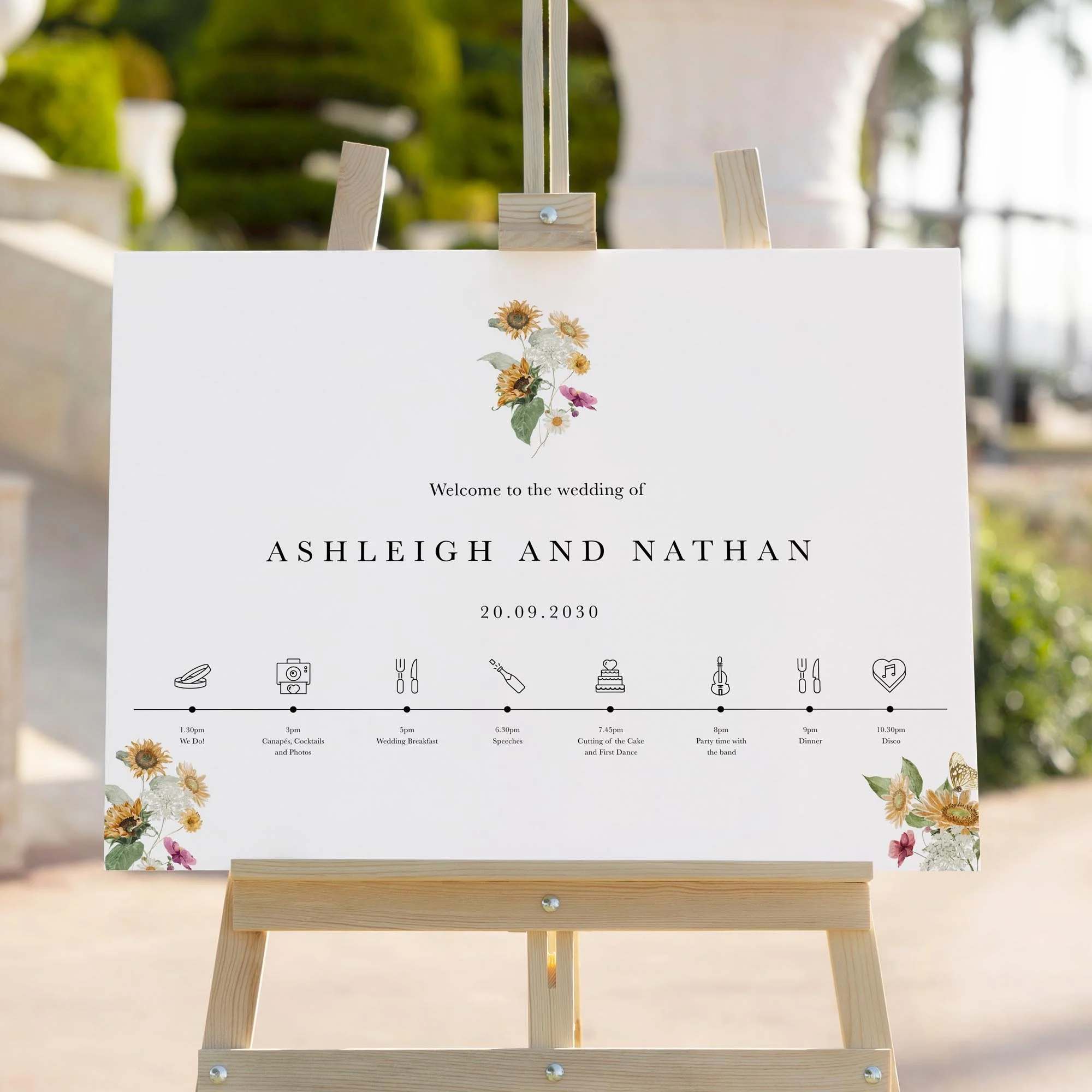 Autumn Sunflower wedding welcome sign styled outdoors close-up