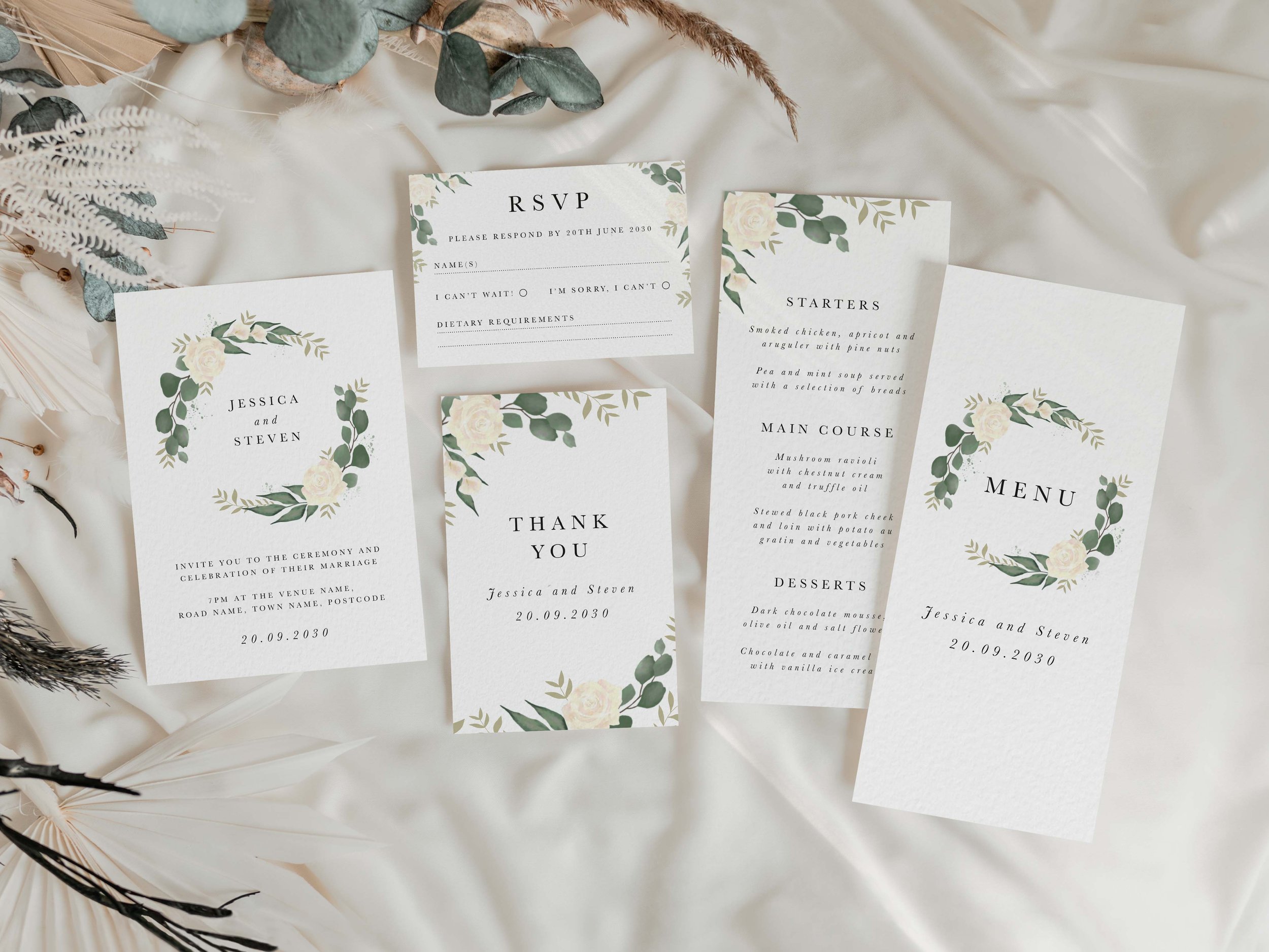 Cream florals with greenery wedding stationery