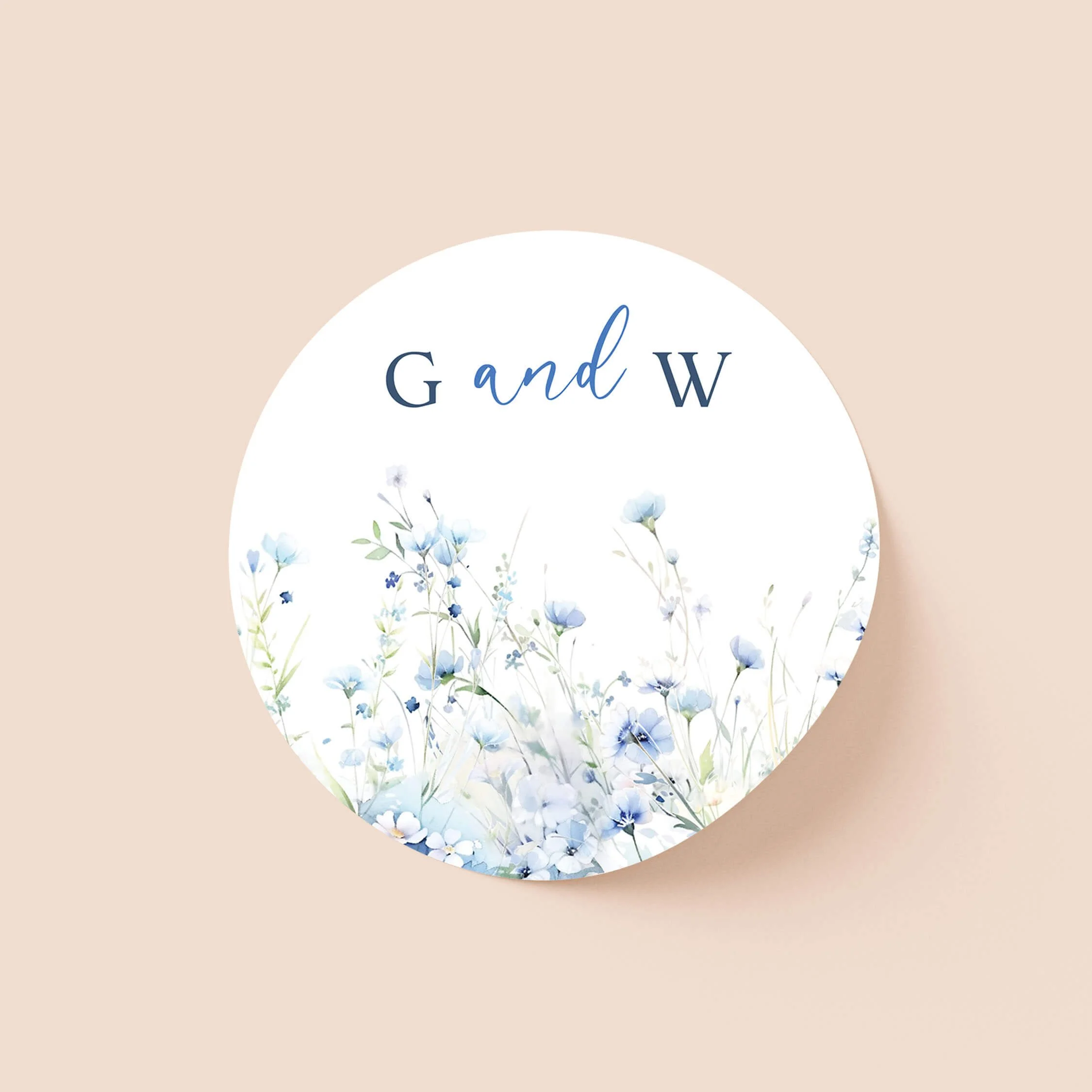 Field Dusty Blue wedding sticker with soft blue wildflowers and initials on round personalised seal