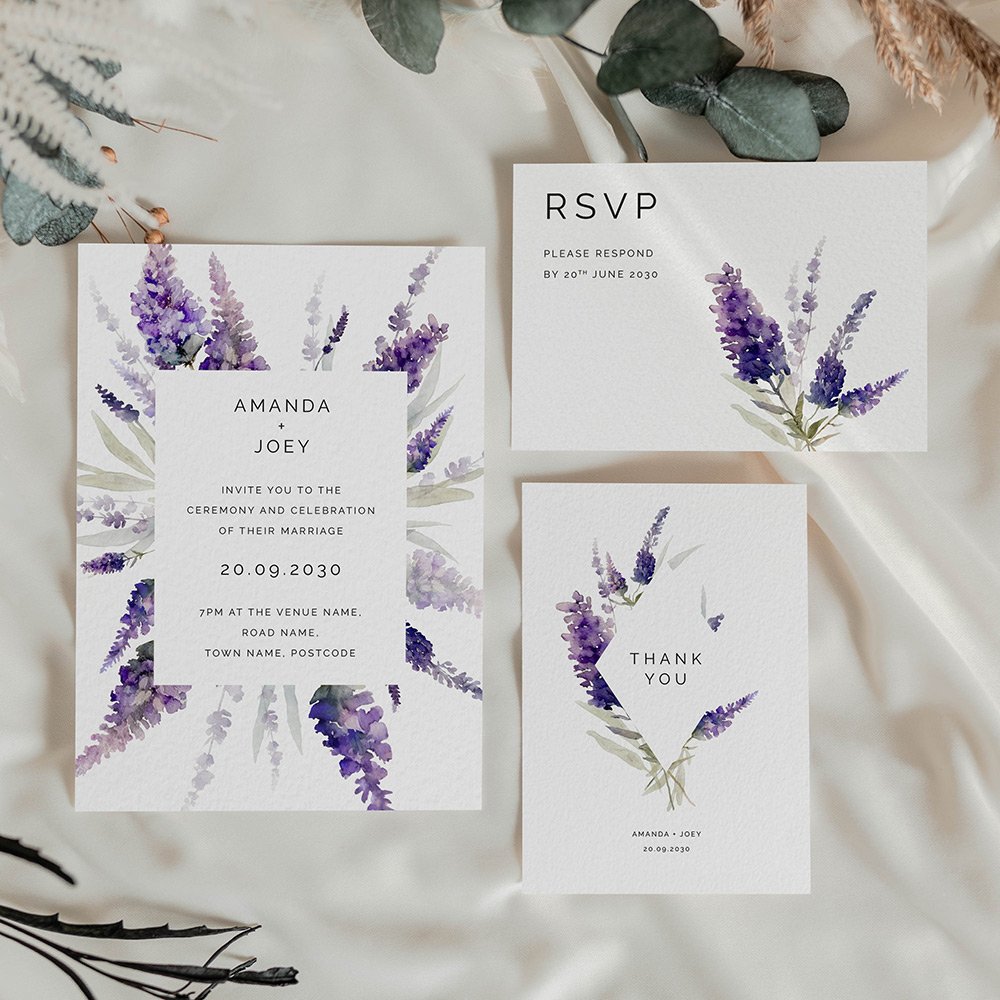 Lavender themed wedding stationery