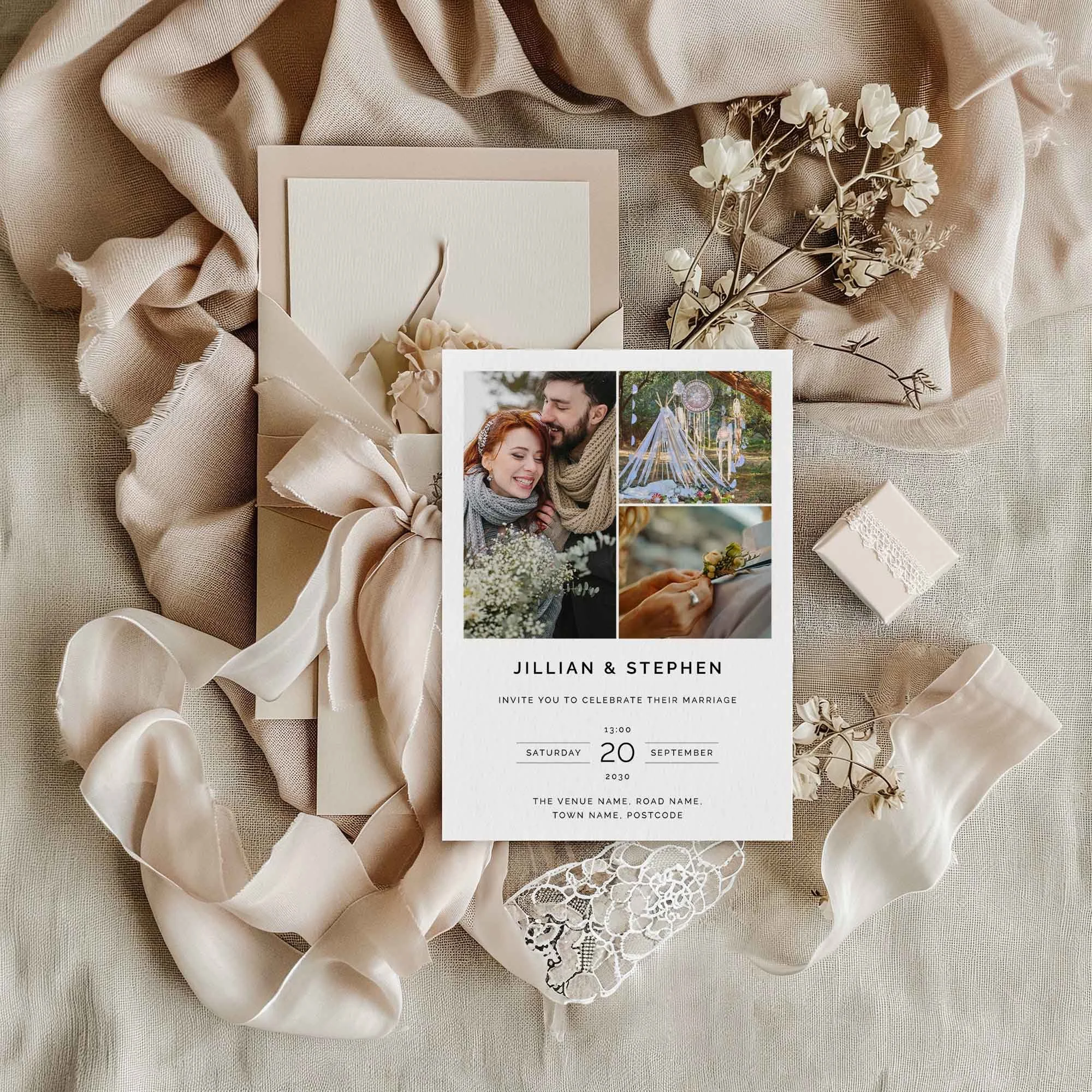 Photo Gallery wedding invitation styled in a flat lay environment with wedding props