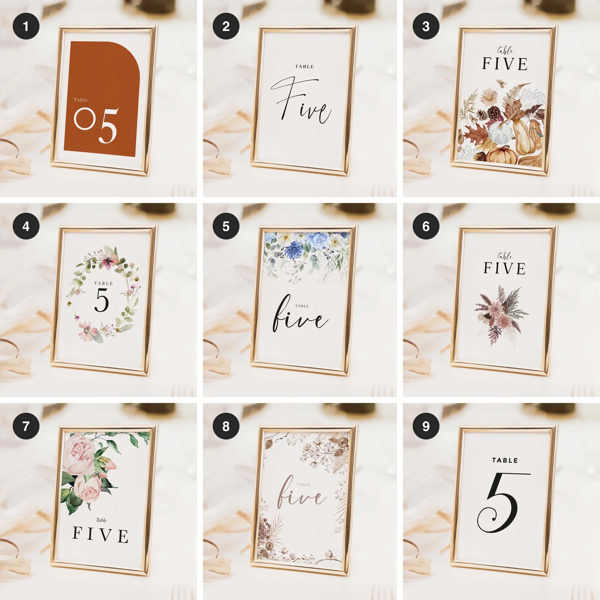 Wedding table number and table name card designs in a range of styles to suit different themes, including floral, modern, and minimal options