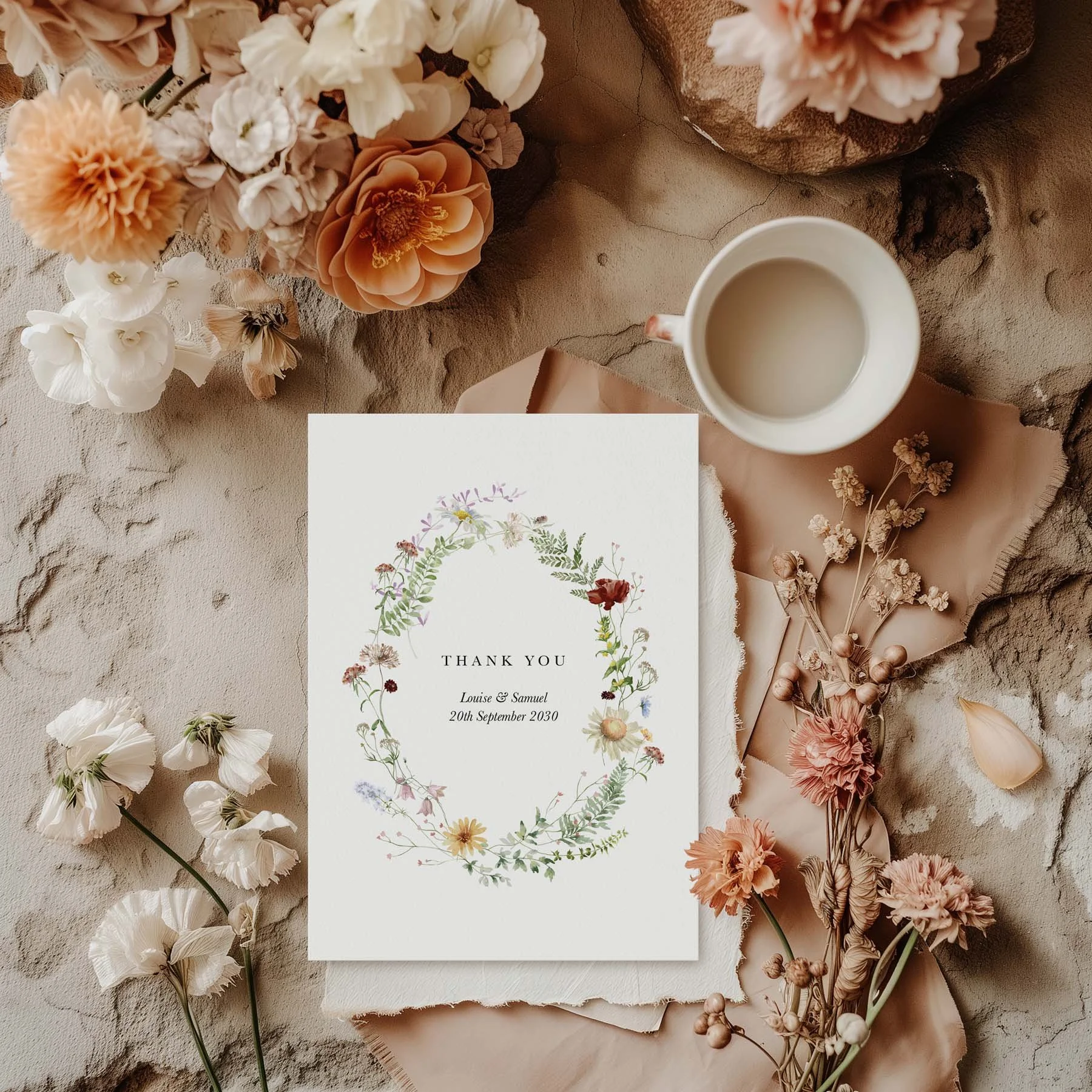Meadow wedding thank you card in a rustic wildflower design, styled with dried flowers and a white cup on a neutral background