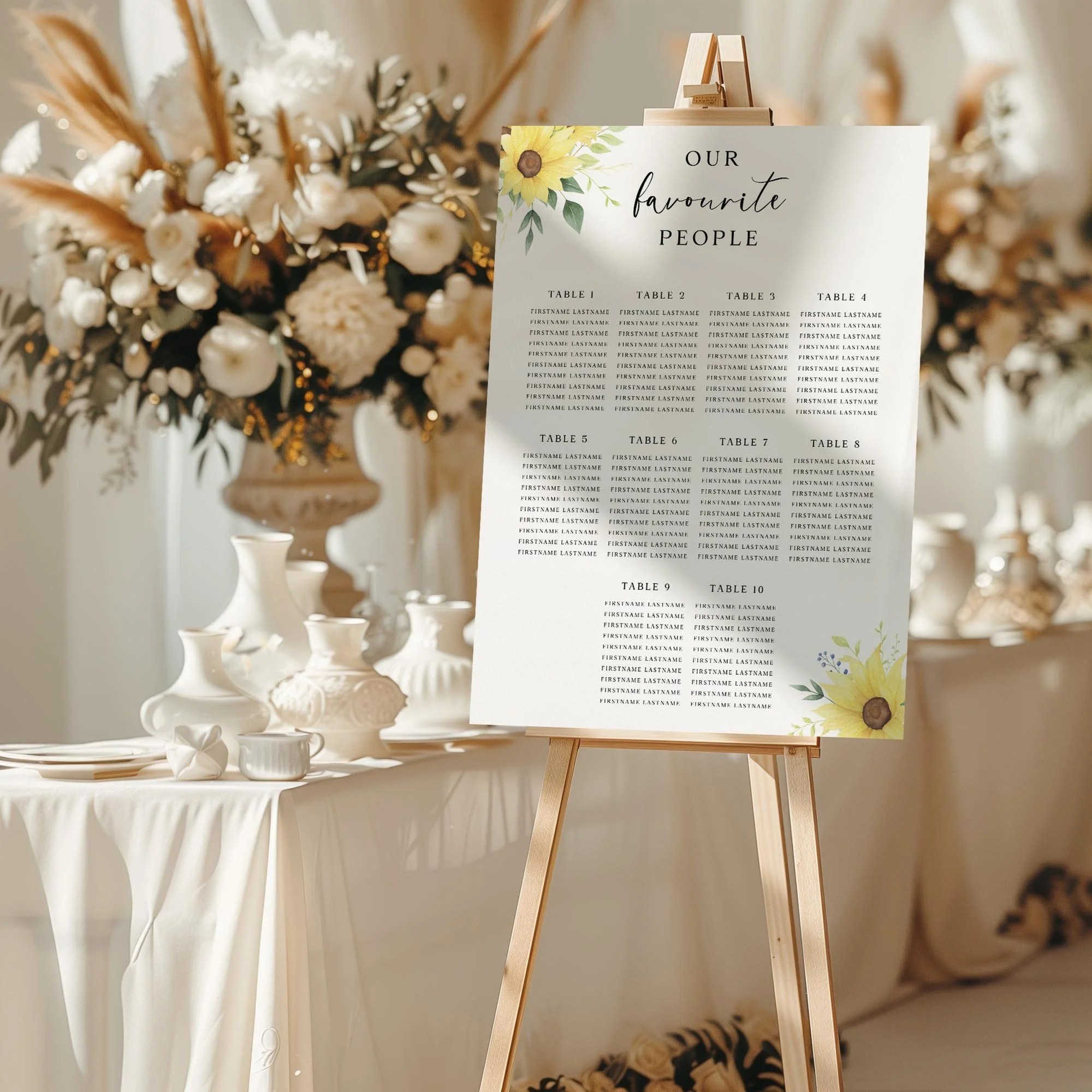 Sunflower Bouquet wedding seating chart sign styled at a reception
