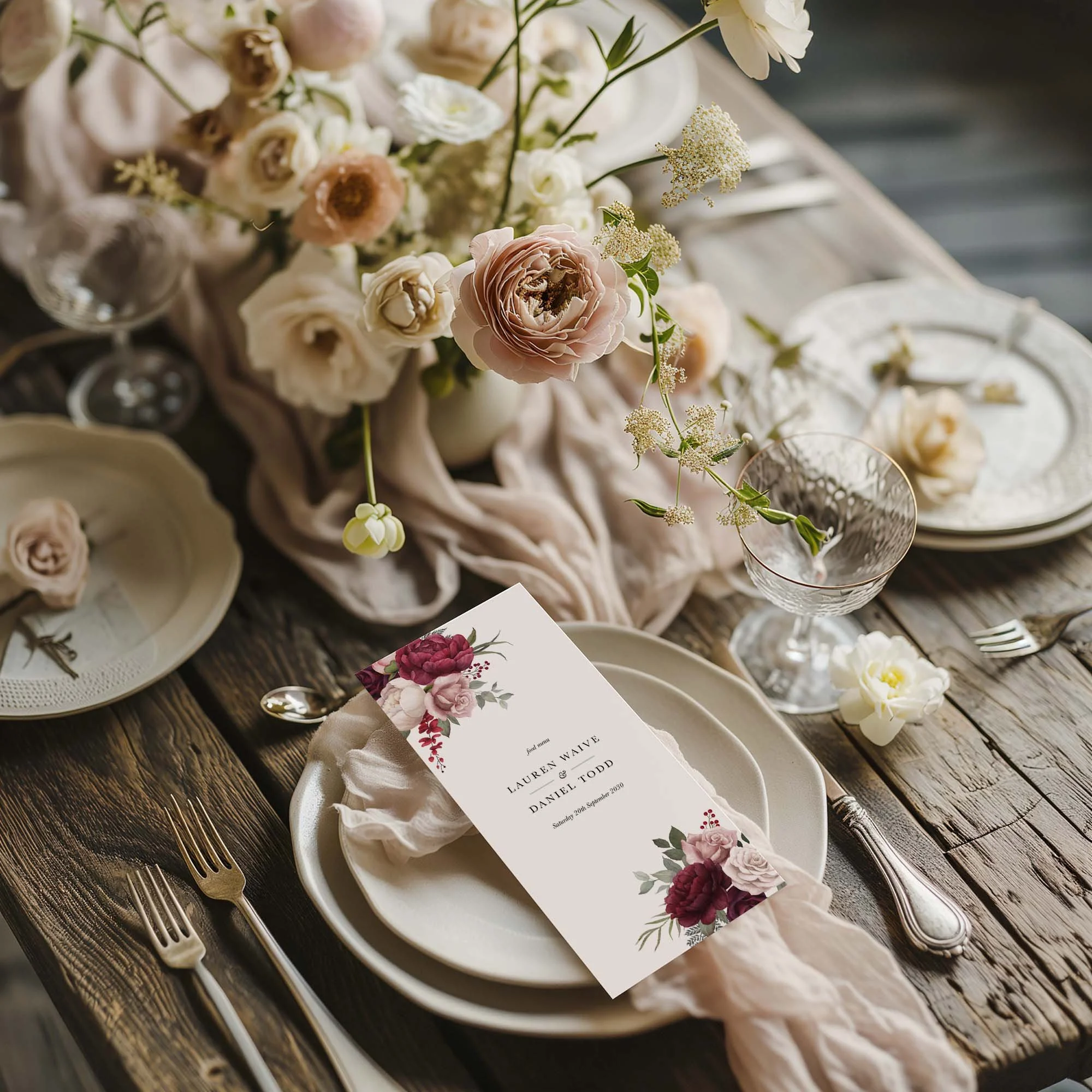 Burgundy and Pink Floral wedding menu card styled on a wedding table setting with tableware and décor