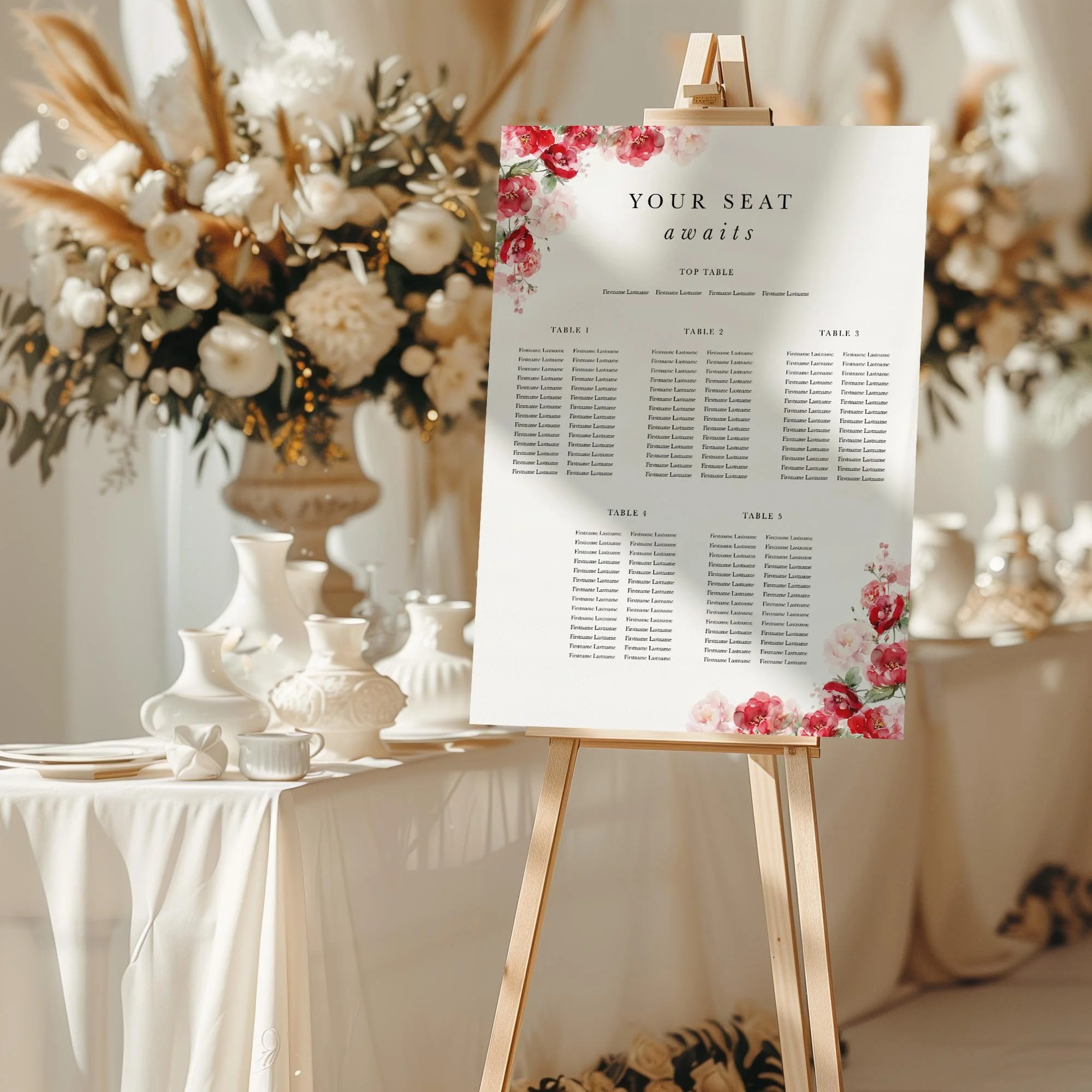 Red Floral wedding seating chart sign styled at a reception