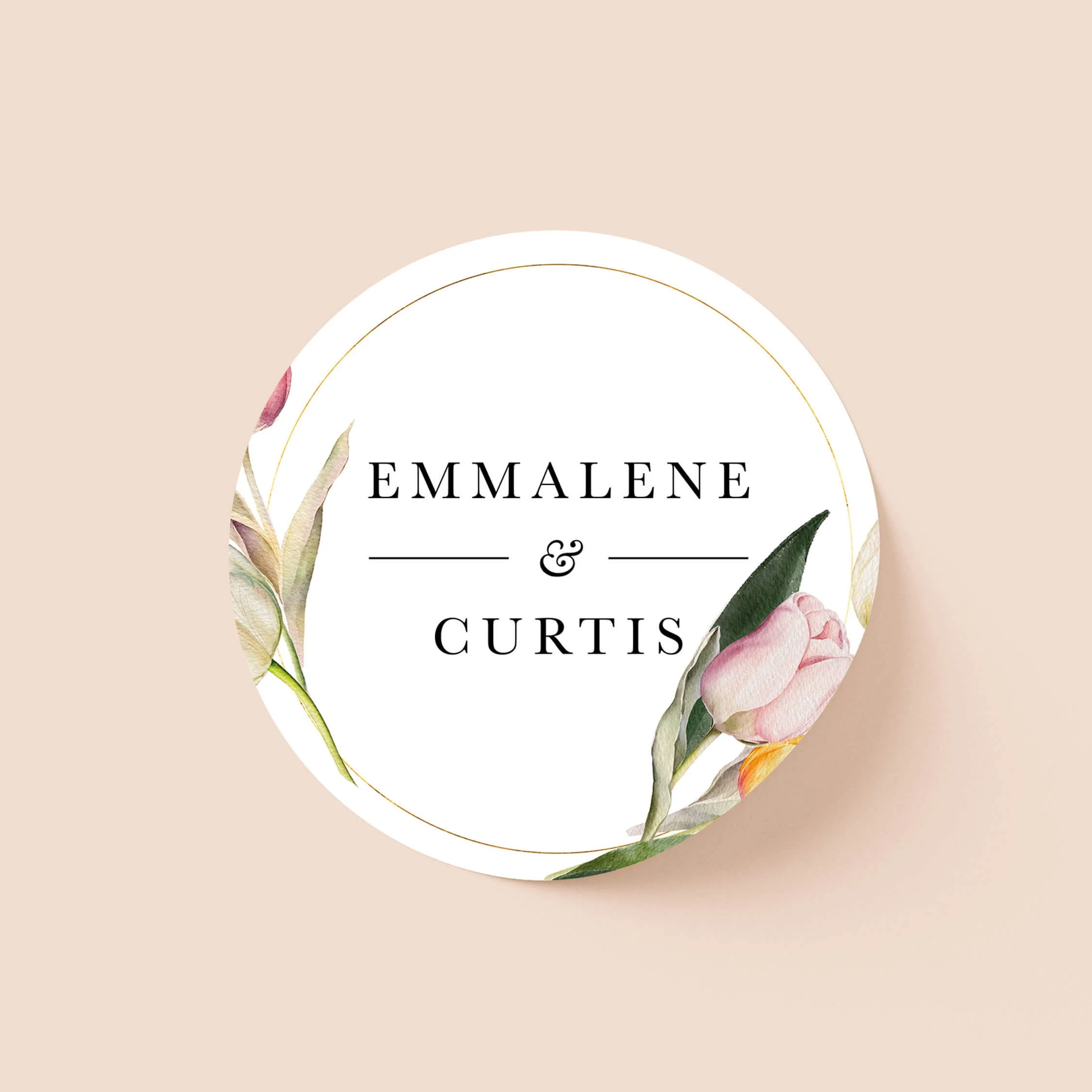Tulip themed personalised wedding sticker with tulip flowers and elegant names on round sticker