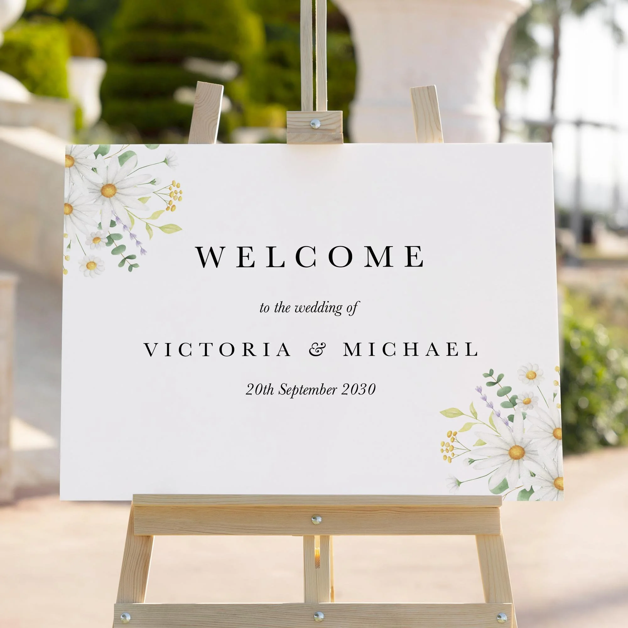 Daisy wedding welcome sign styled outdoors close-up