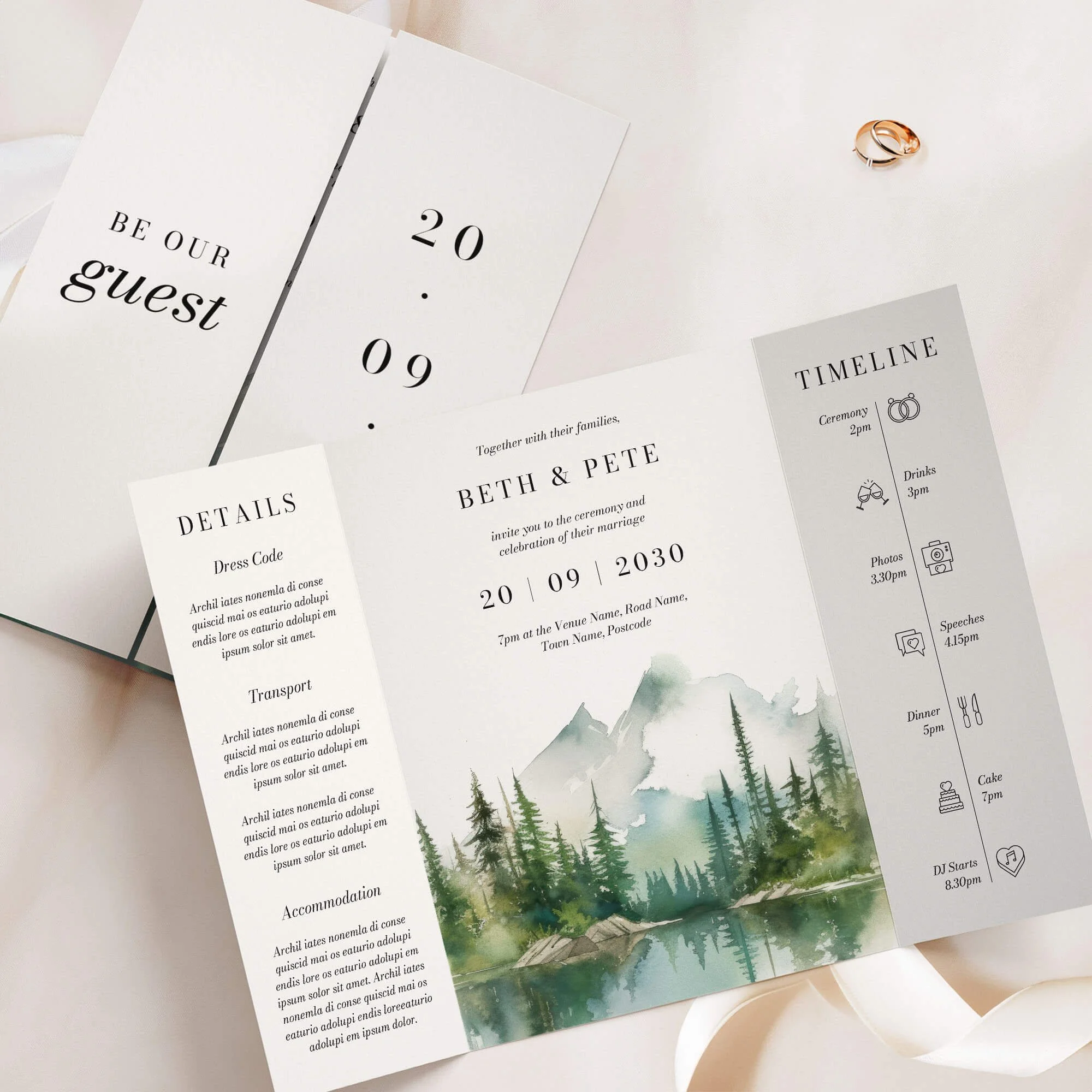 Gatefold wedding invitation with watercolour wilderness landscape of mountains, lake and pine forest