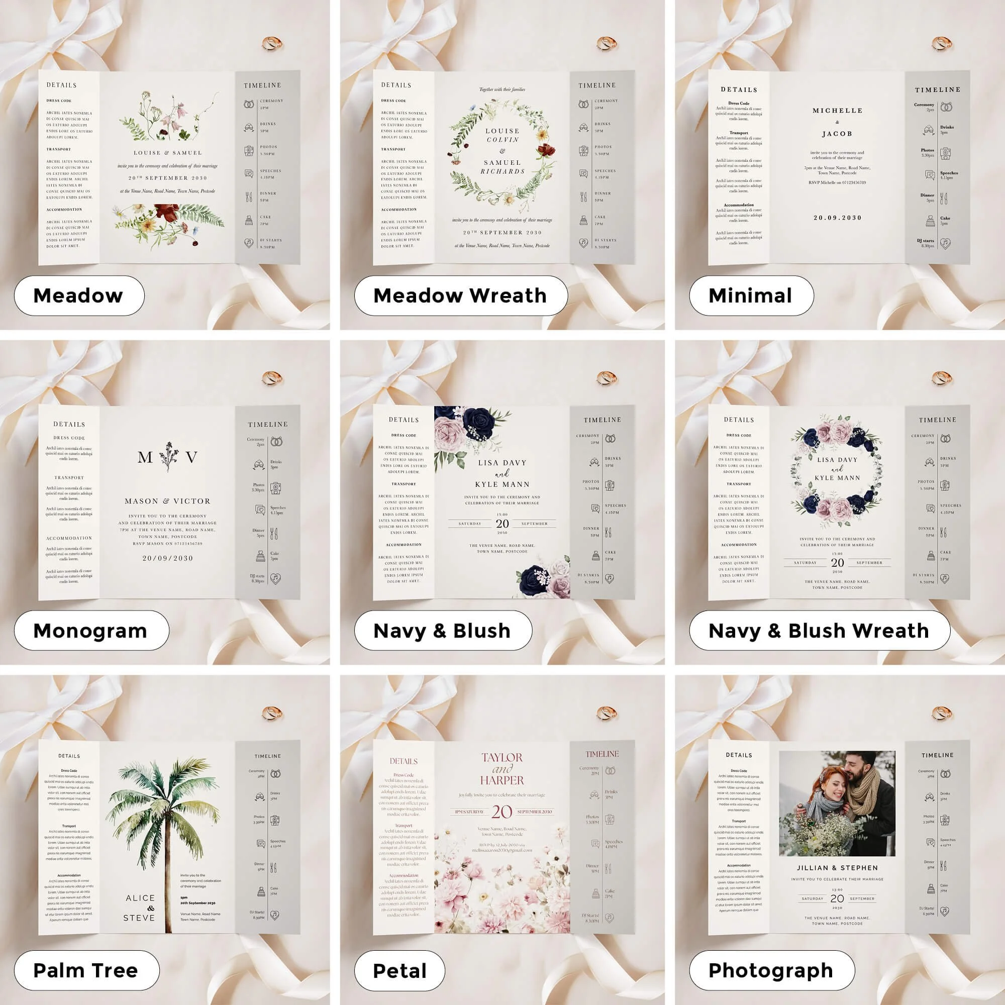 A5 size gatefold invitations in a variety of designs