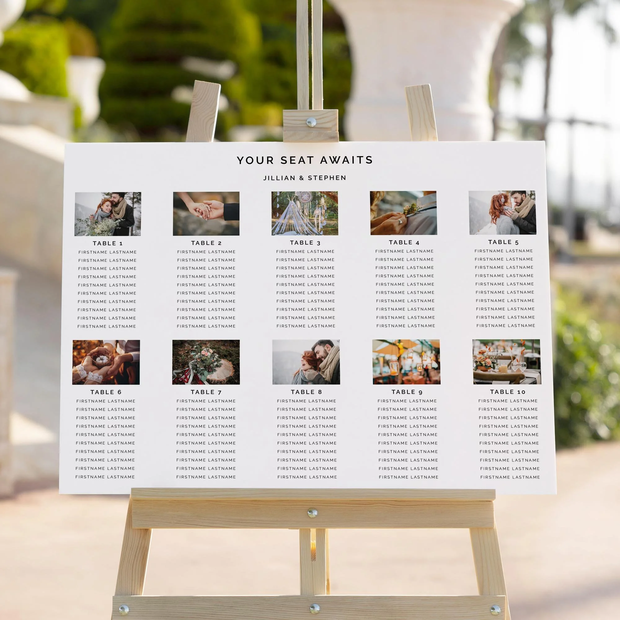 Custom Photograph wedding seating chart sign close up styled at a reception