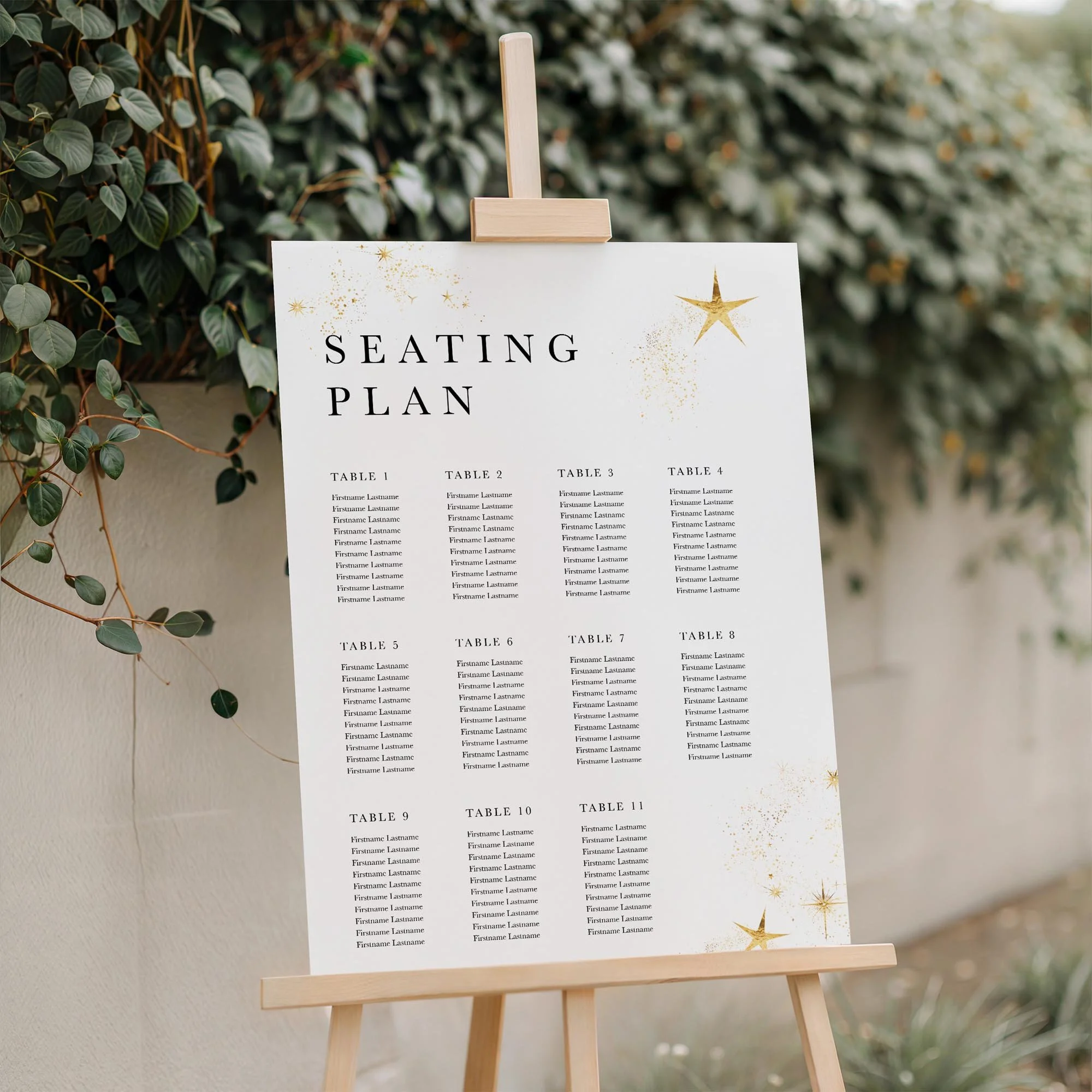 Close-up of the Celestial wedding seating plan board displayed outdoors