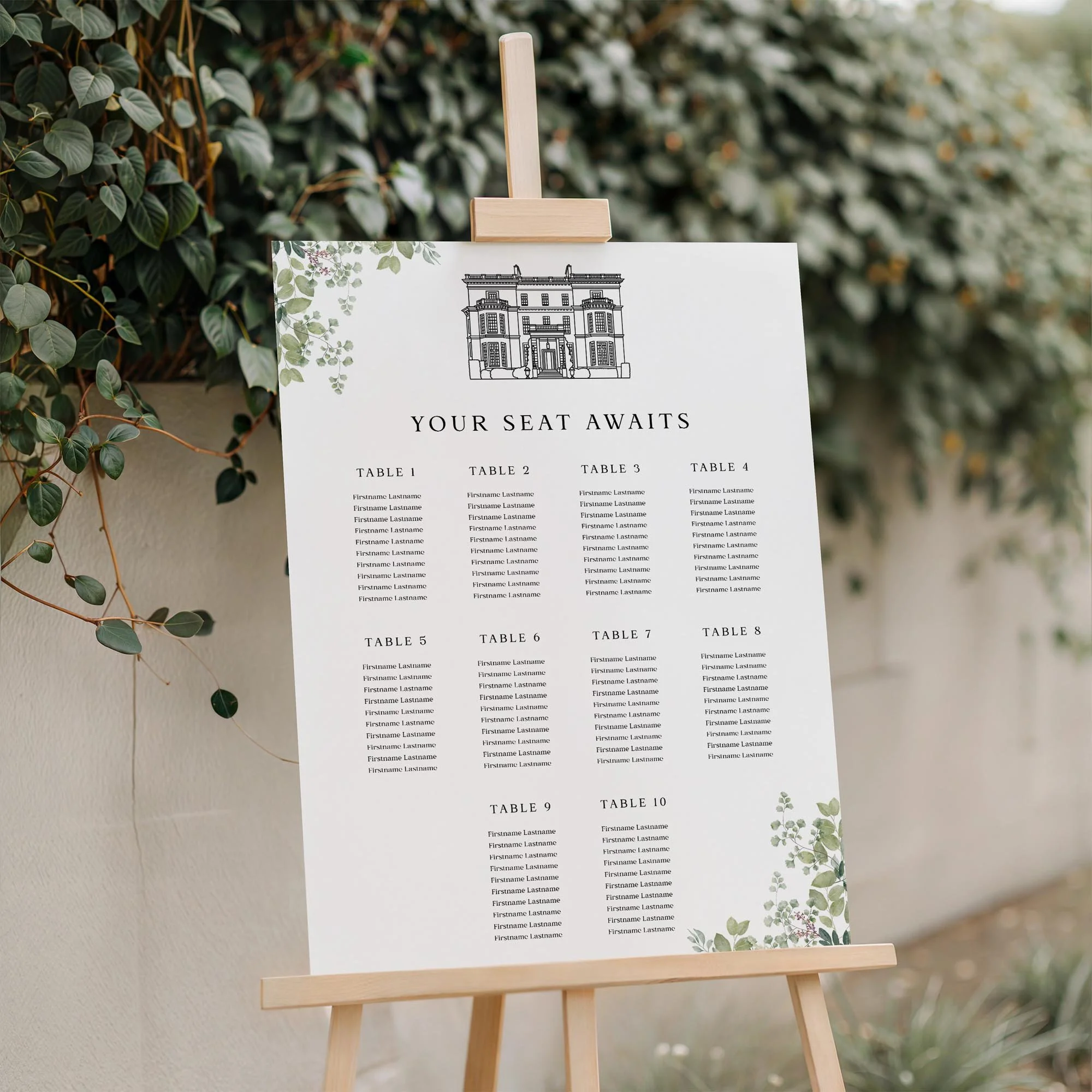 Close-up of the Custom Venue Illustration wedding seating plan board displayed outdoors