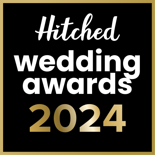 Black background with gold and white text saying "Hitched wedding awards 2024".