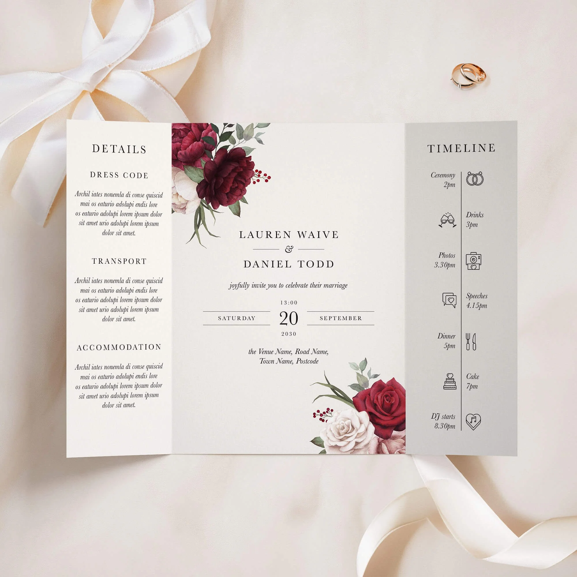Romantic gatefold wedding invitation with deep burgundy and blush rose watercolour florals