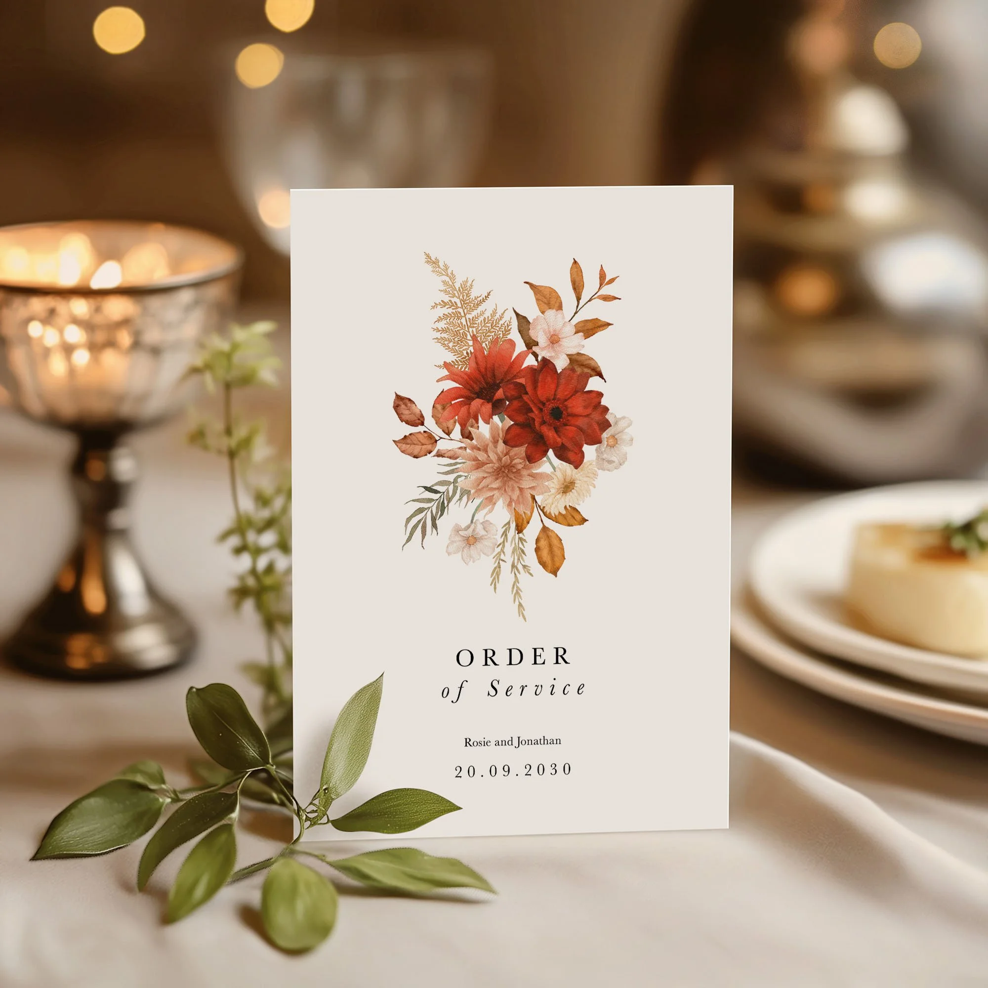 Rustic wedding order of service on a wedding day displayed