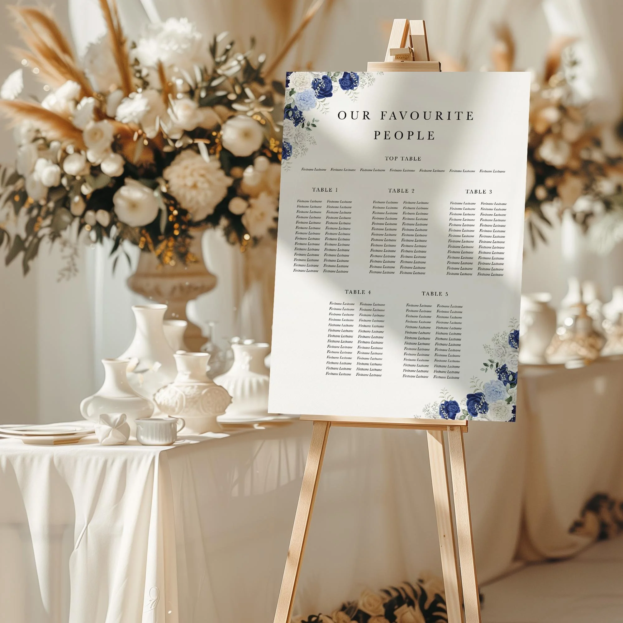 Royal Blue and White Rose wedding seating chart sign styled at a reception