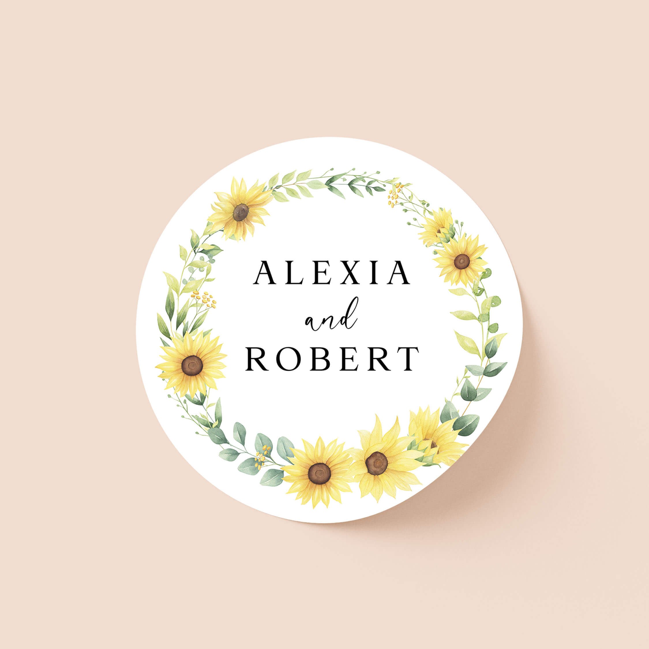 Sunflower Bouquet personalised wedding sticker with full watercolour sunflower wreath and serif names on round sticker