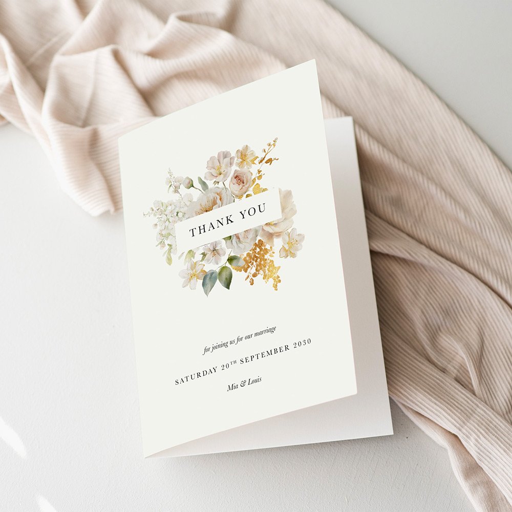White and Gold Floral Thank You Cards For Wedding