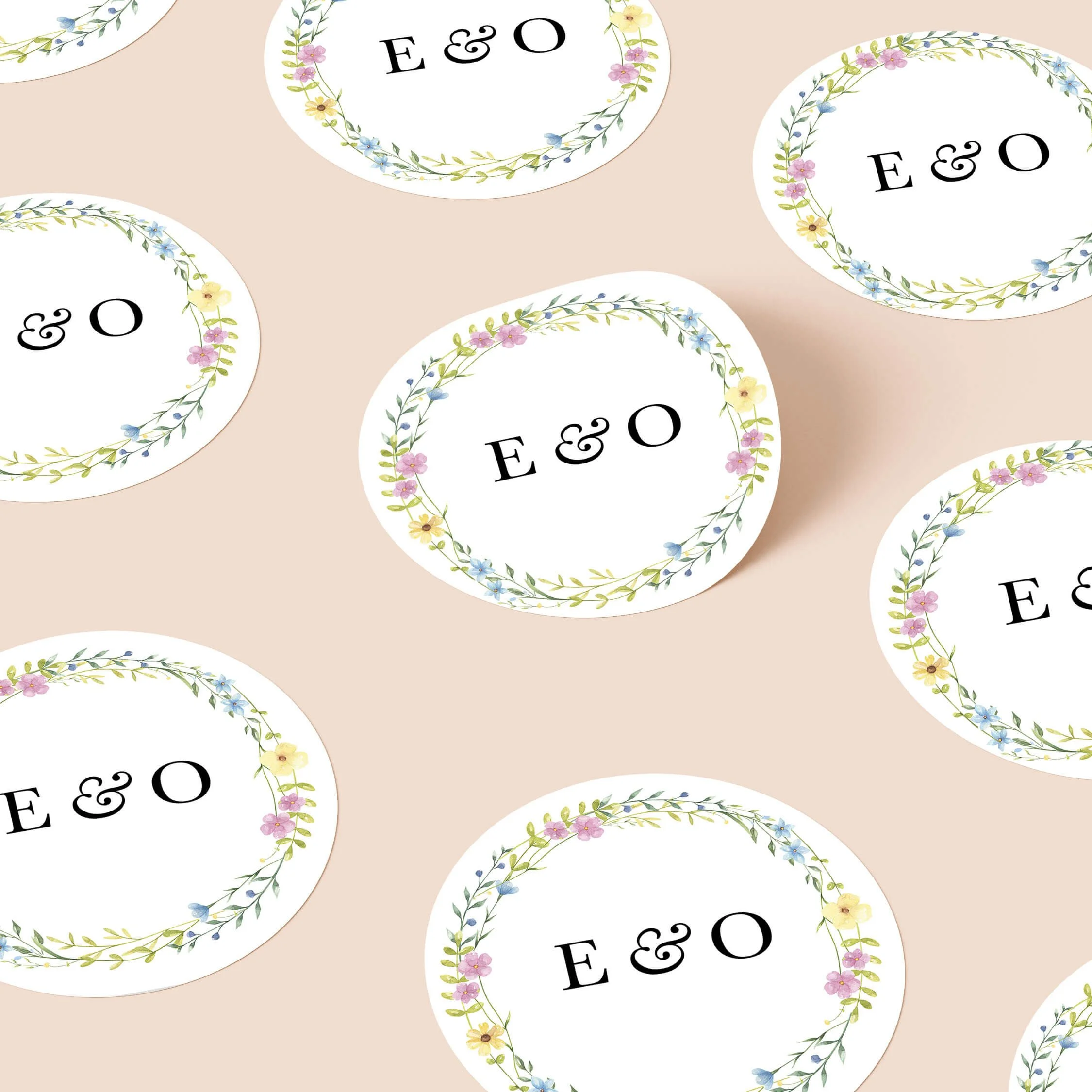 Wildflower personalised wedding stickers with delicate mixed wildflower wreath garland design on round stickers