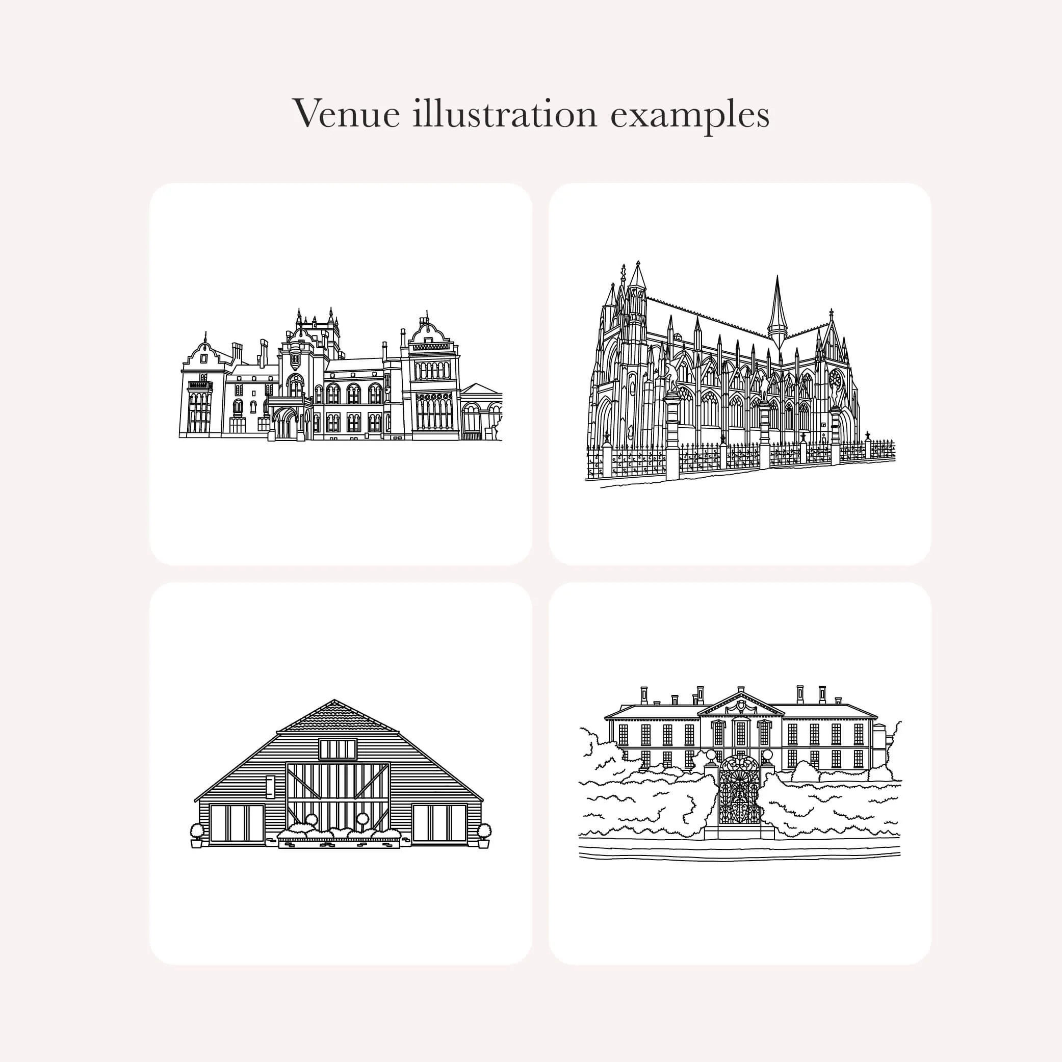 Examples of bespoke venue line drawings for wedding invitations