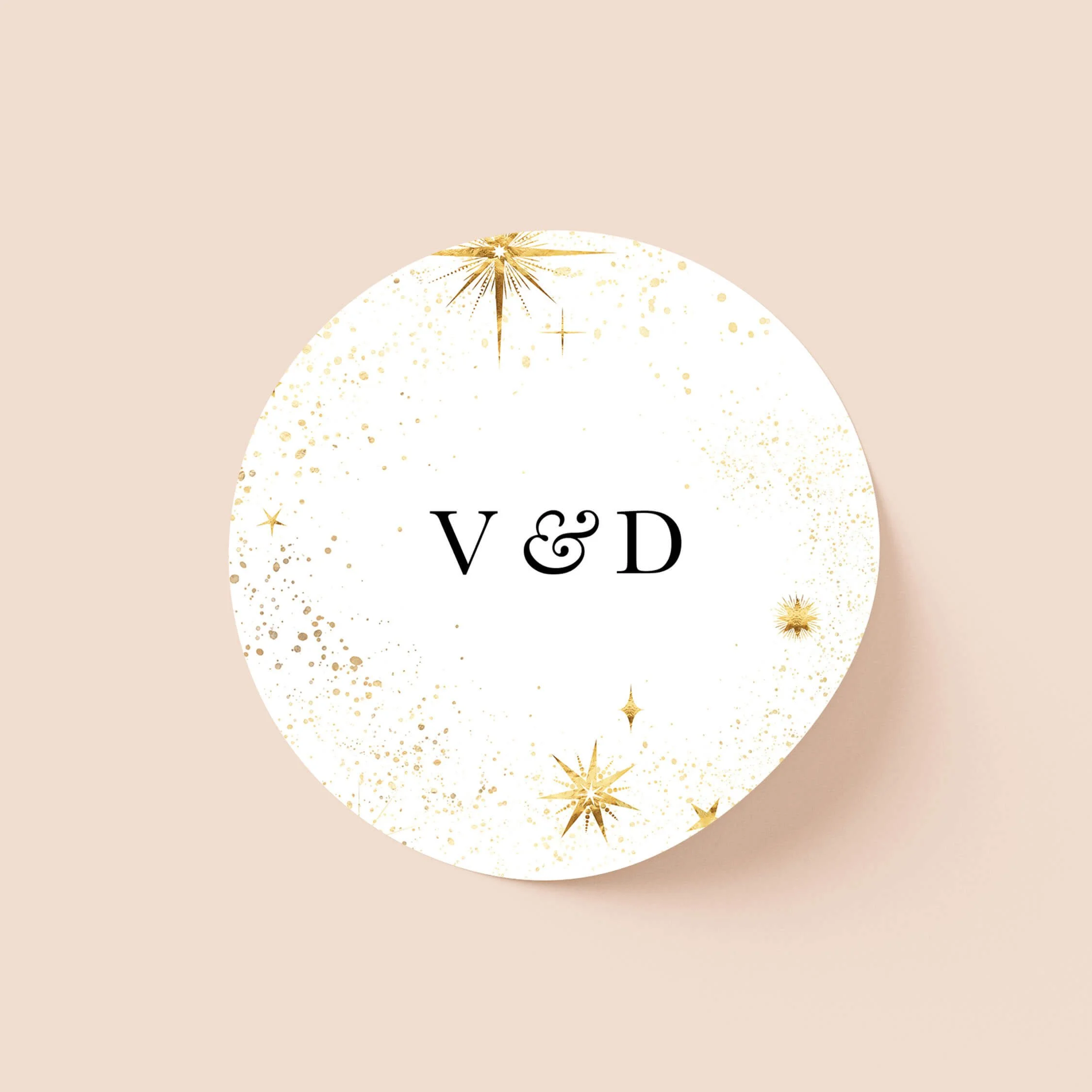 Celestial wedding sticker with gold star details and initials on round personalised seal