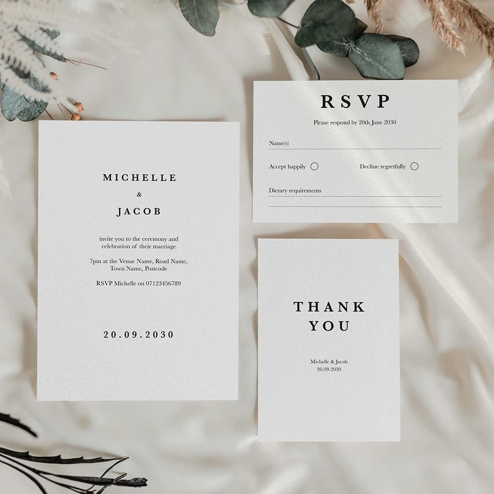 Minimal Collection wedding stationery set including flat wedding invitation, RSVP card, and thank you card with clean, modern design.