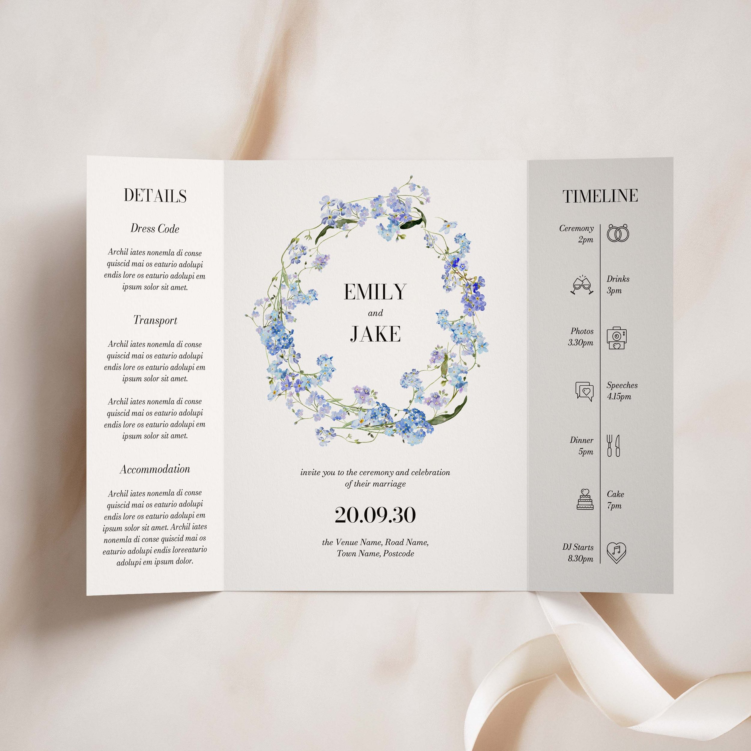 Blue Forget Me Not Floral Folded Wedding Invitations