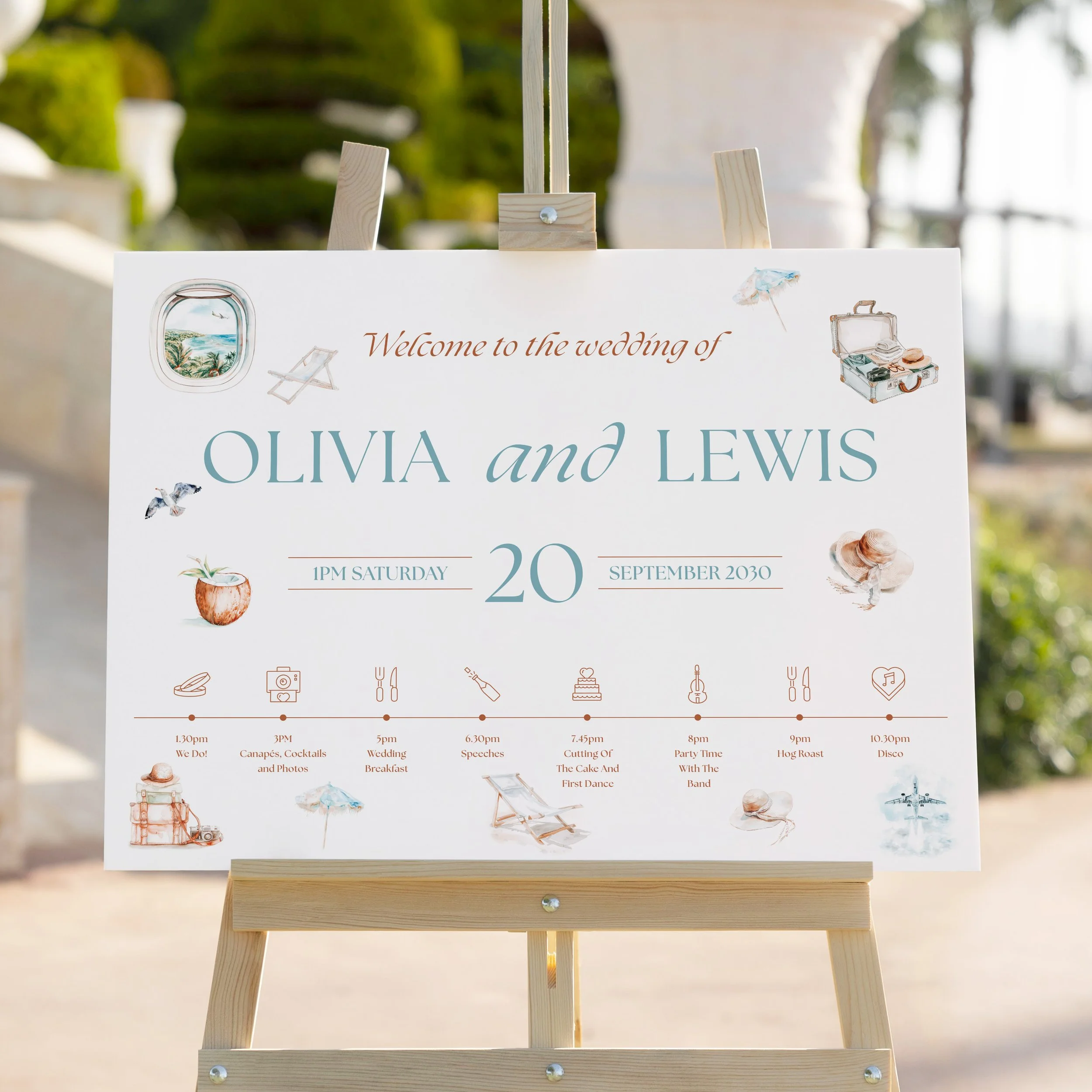 Close-up of Explorer Wedding Welcome Sign on easel showing travel illustrations and Order of the Day.