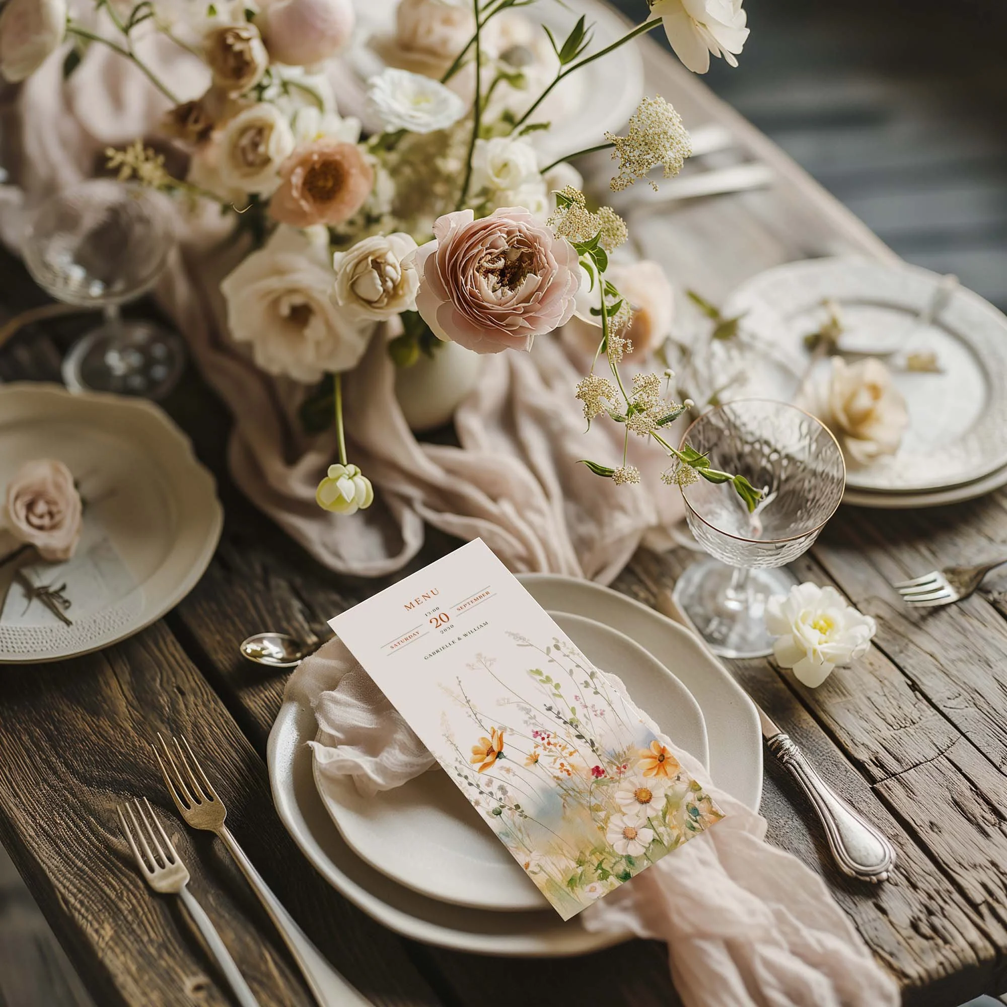 Orange Wildflowers wedding menu card styled on a wedding table setting with tableware and décor