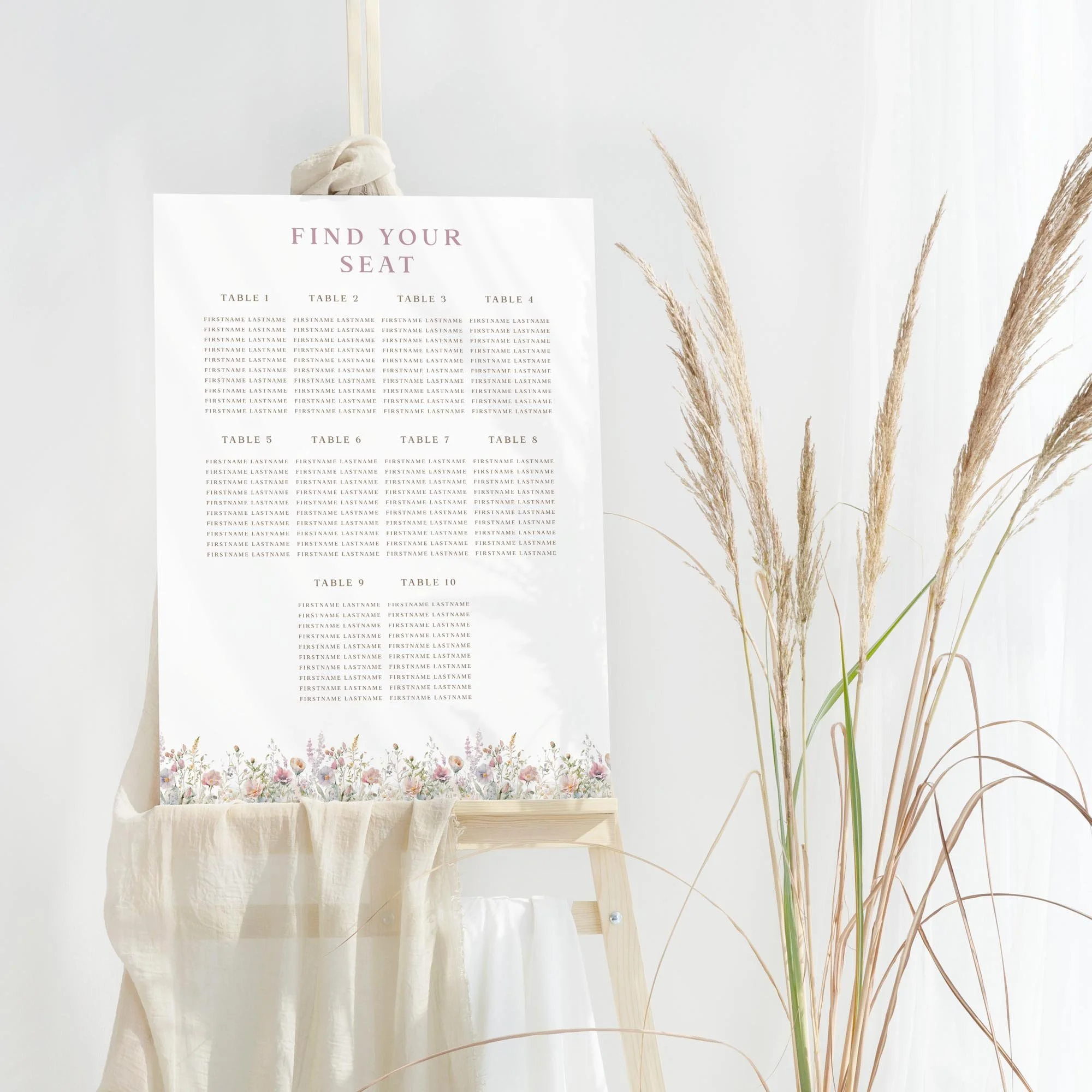 Dusty Pink Wildflower wedding table plan board seating chart sign